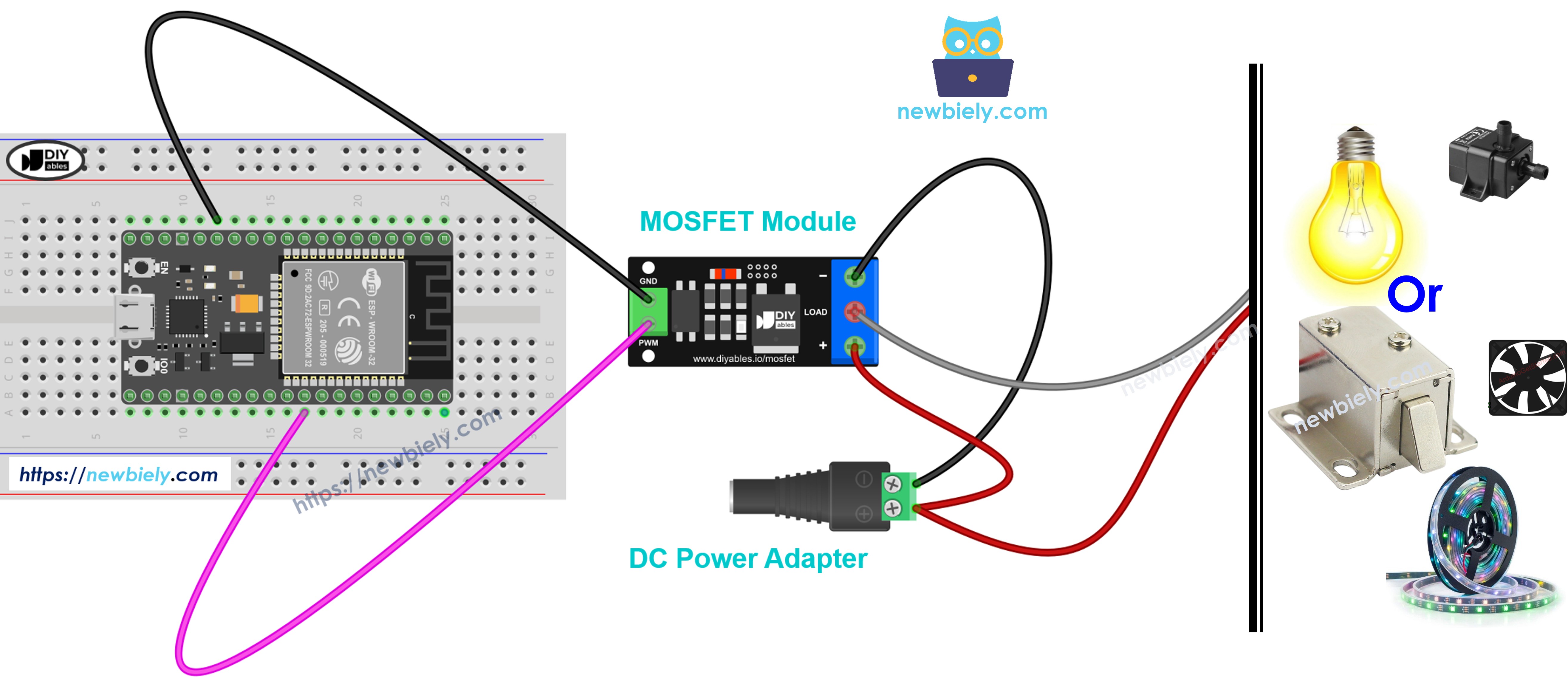 The wiring diagram between ESP32 MicroPython with AOD4184, LR7843 or FR120N MOSFET module