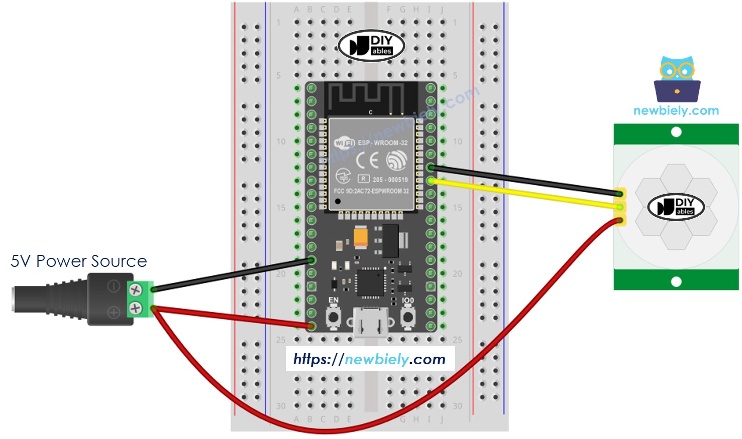 The wiring diagram between ESP32 MicroPython Motion Sensor