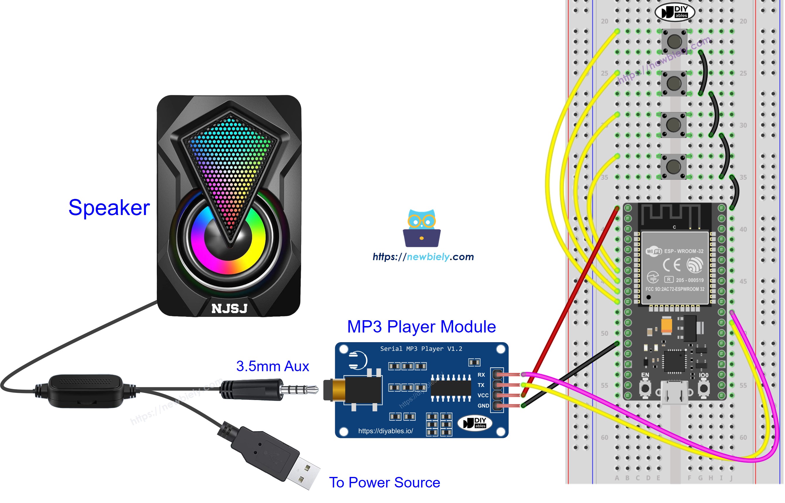 The wiring diagram between ESP32 MicroPython MP3 player speaker