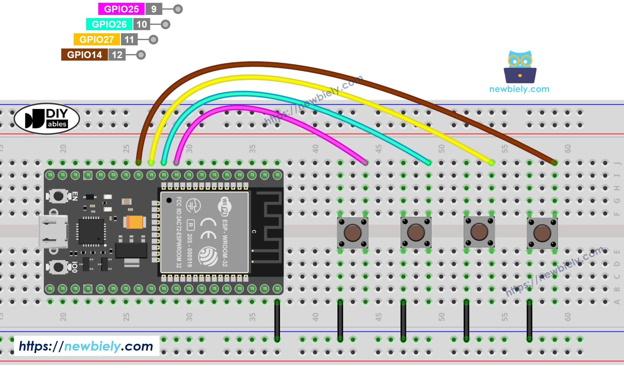 The wiring diagram between ESP32 MicroPython 4 buttons