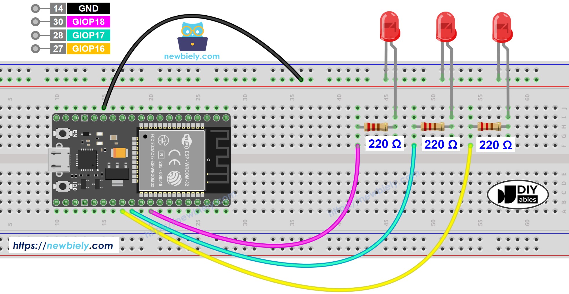 The wiring diagram between ESP32 MicroPython multiple LED