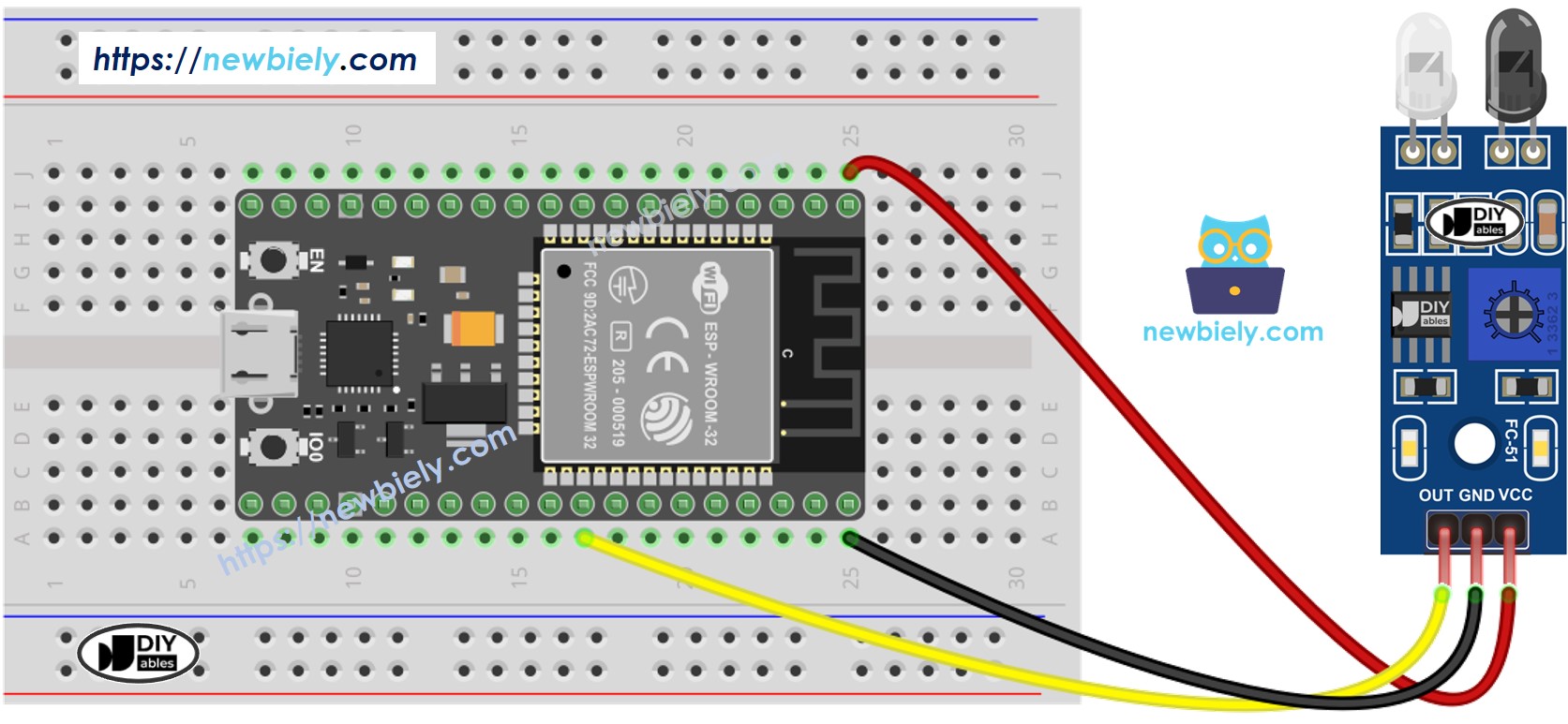 The wiring diagram between ESP32 MicroPython IR Obstacle Avoidance Sensor