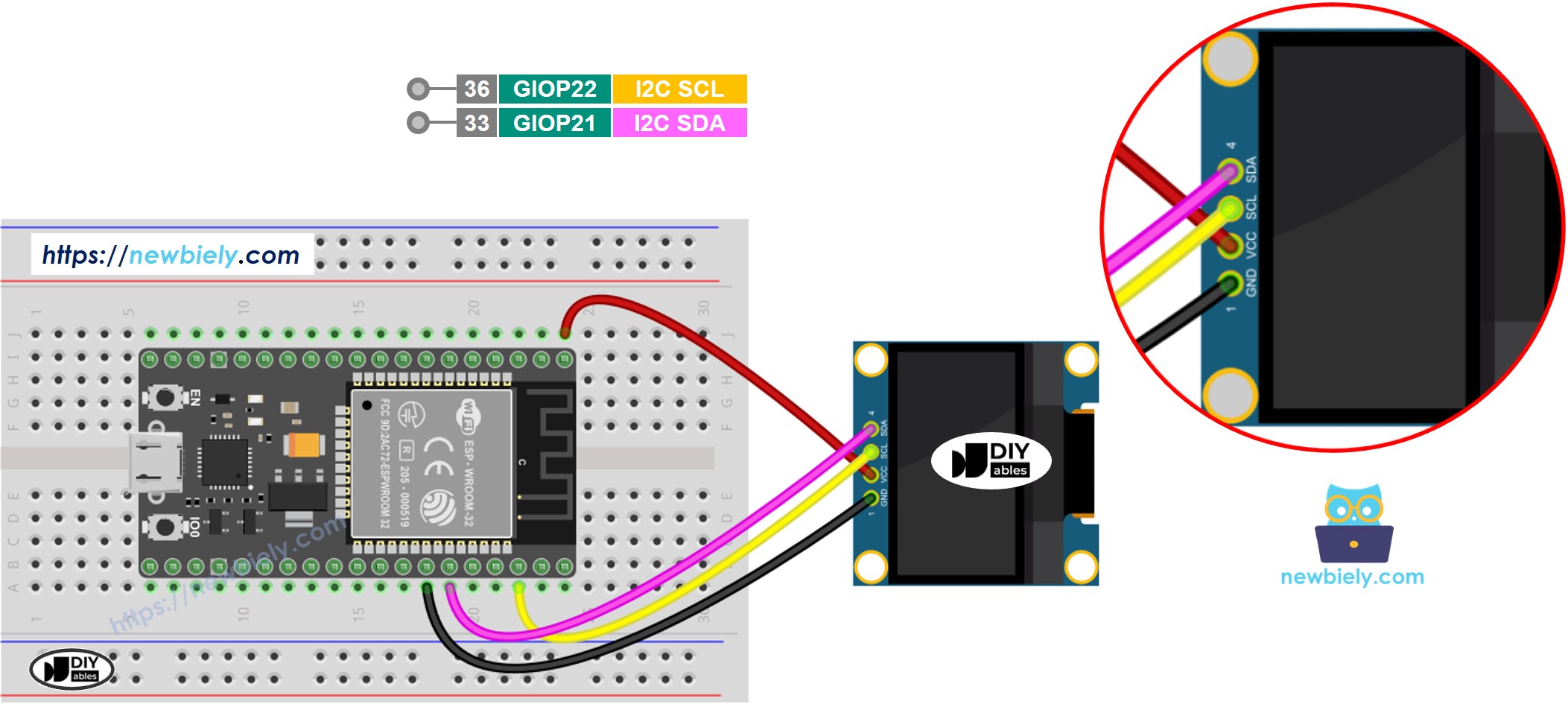 The wiring diagram between ESP32 MicroPython OLED 128x64