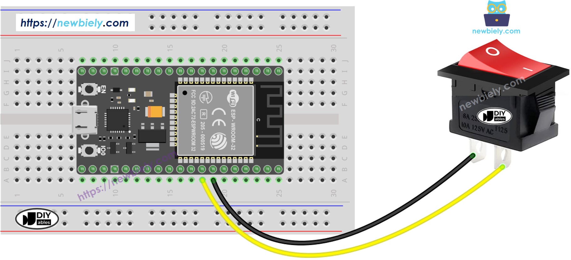 The wiring diagram between ESP32 MicroPython ON/OFF Switch