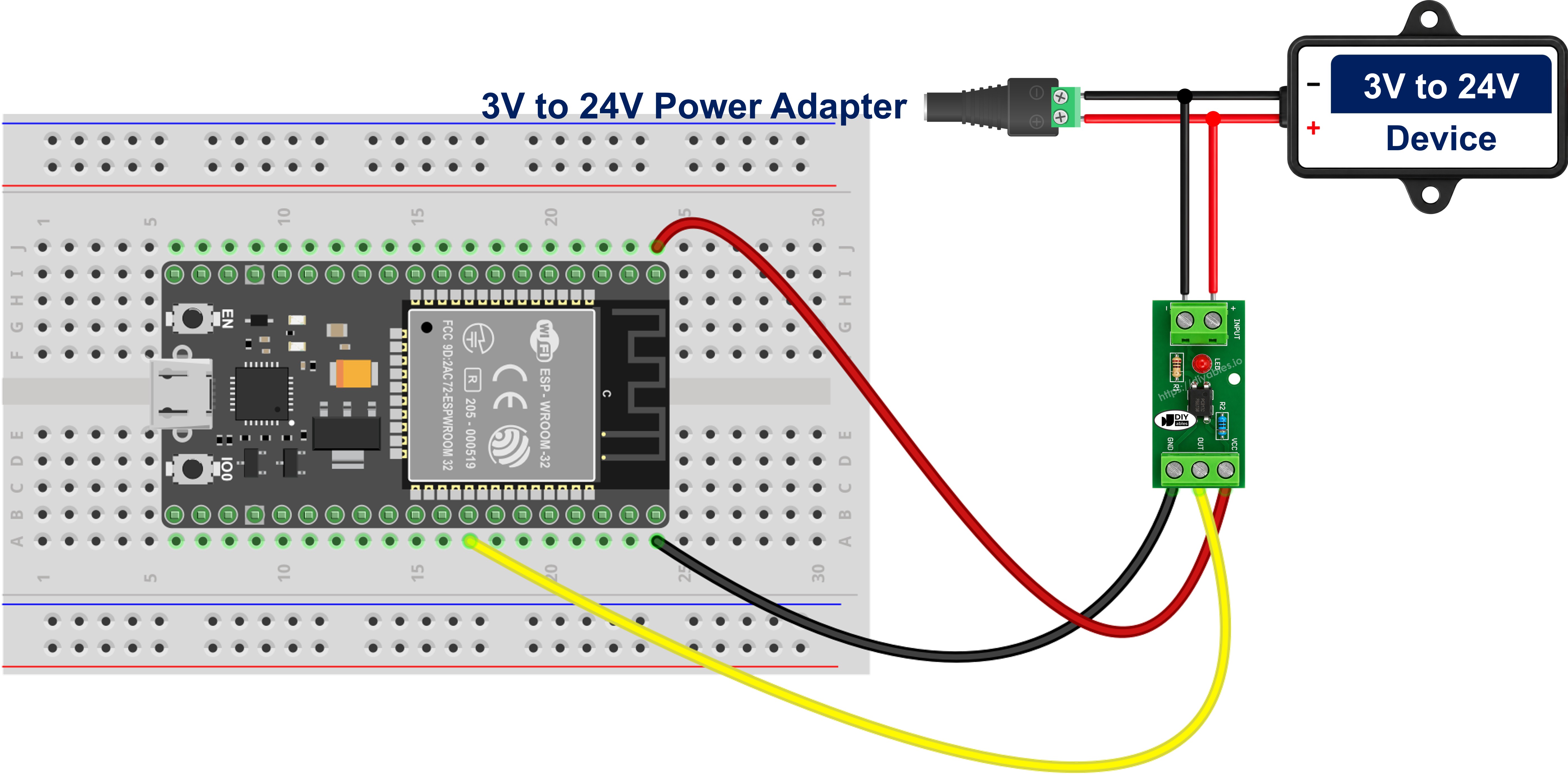 The wiring diagram between ESP32 MicroPython PC817 optocoupler isolation module