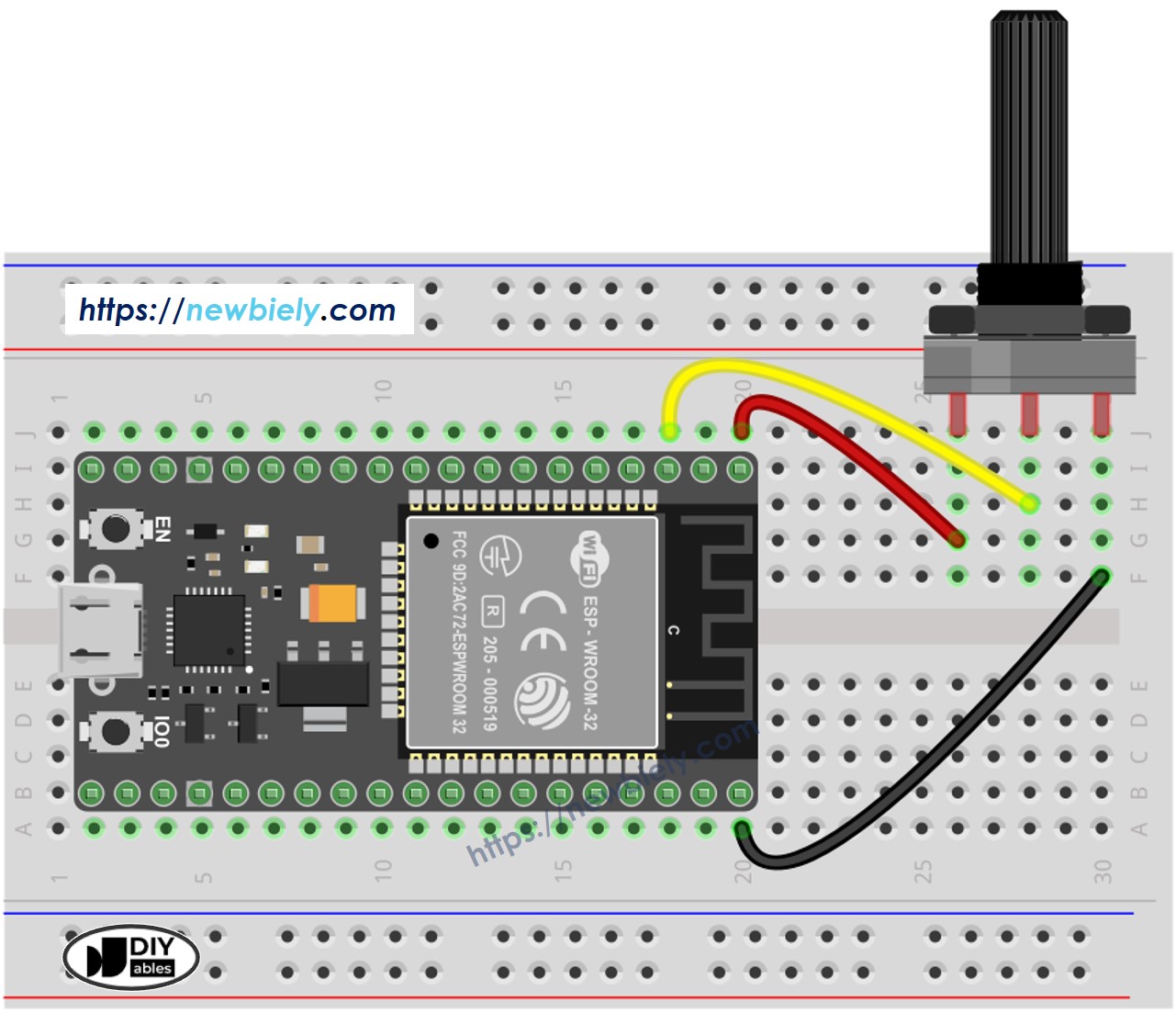 The wiring diagram between ESP32 MicroPython Potentiometer