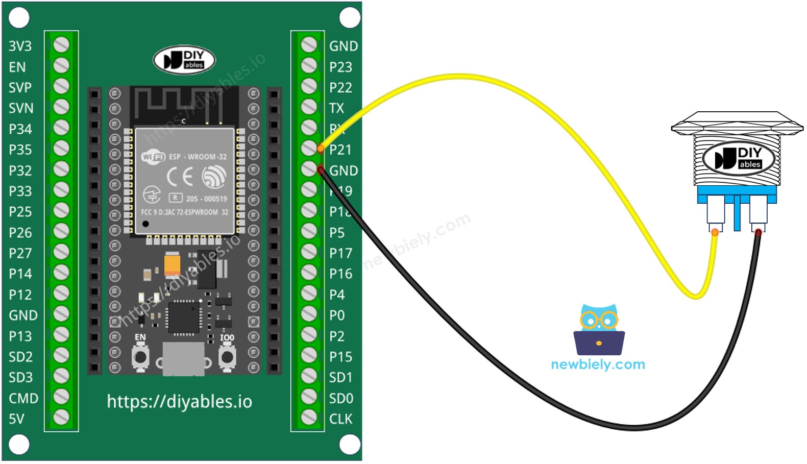 The wiring diagram between ESP32 MicroPython two-pin push button