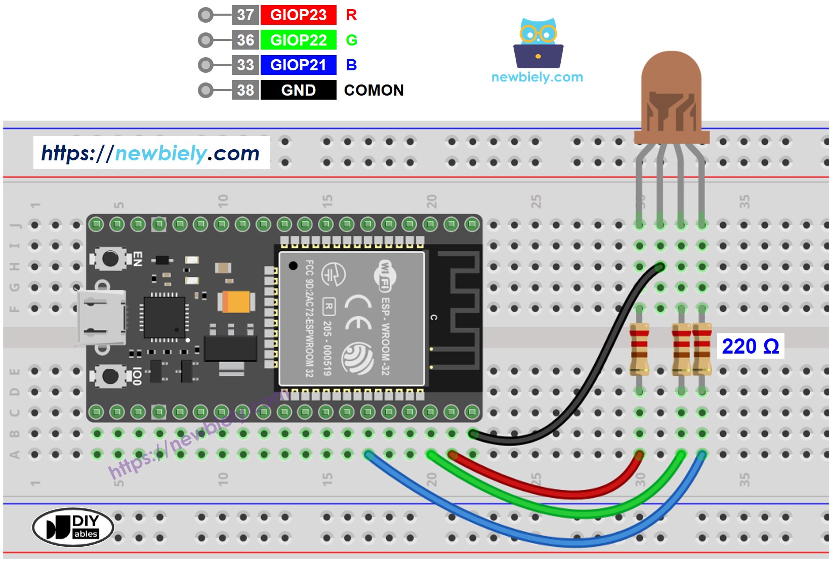 The wiring diagram between ESP32 MicroPython RGB LED