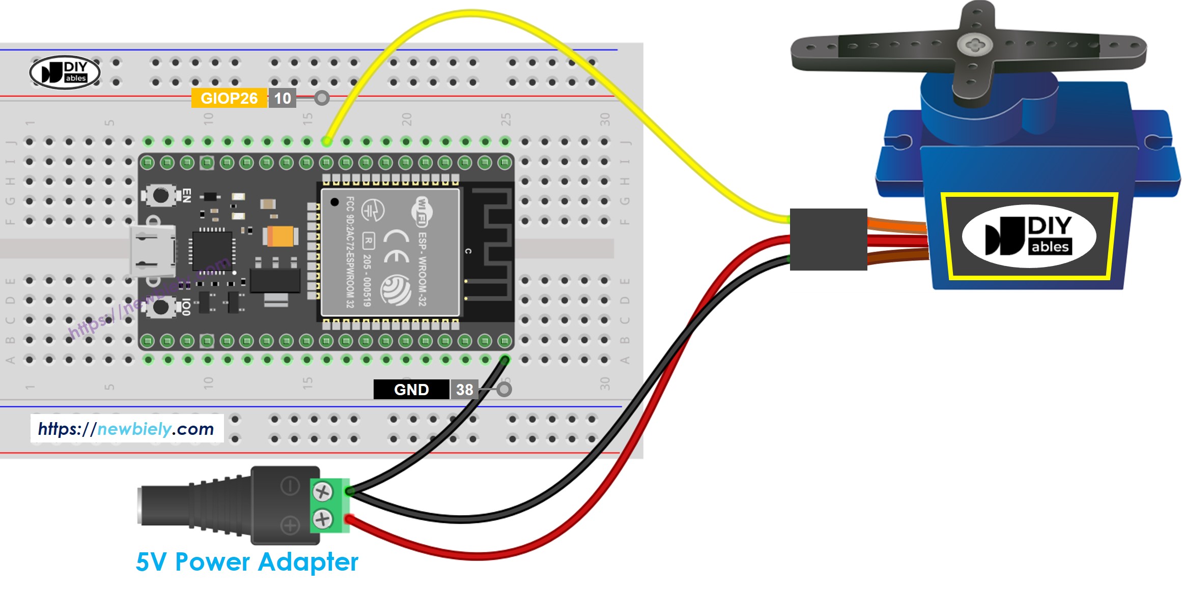 The wiring diagram between ESP32 MicroPython Servo Motor