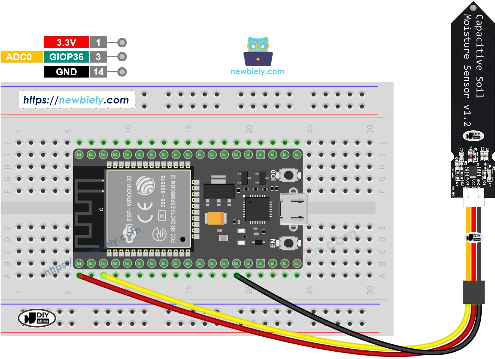 The wiring diagram between ESP32 MicroPython soil moisture sensor