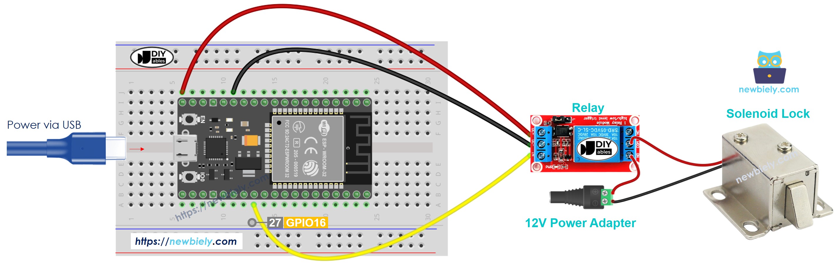 The wiring diagram between ESP32 MicroPython solenoid lock