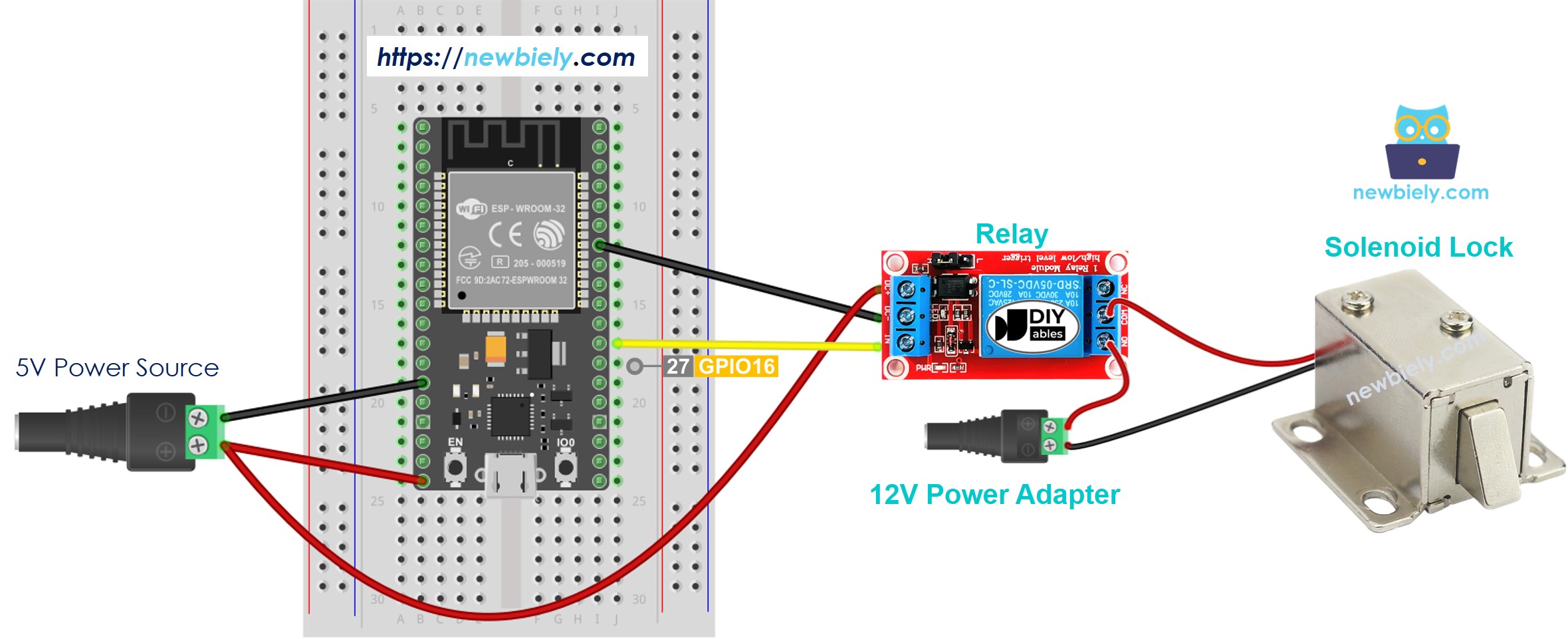 The wiring diagram between ESP32 MicroPython solenoid lock