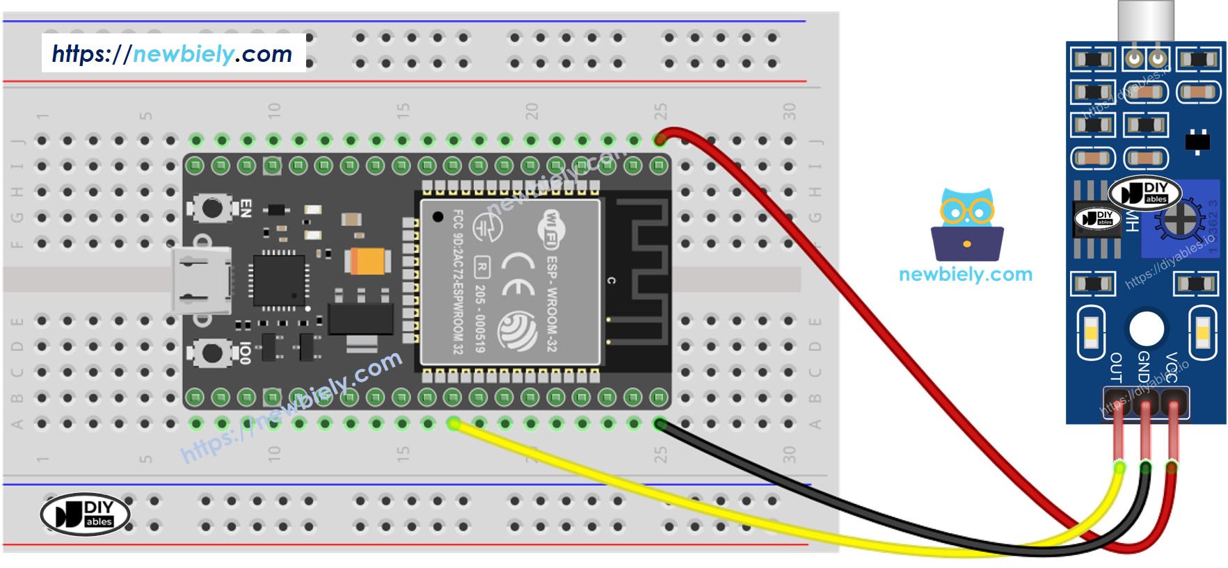 The wiring diagram between ESP32 MicroPython Sound Sensor