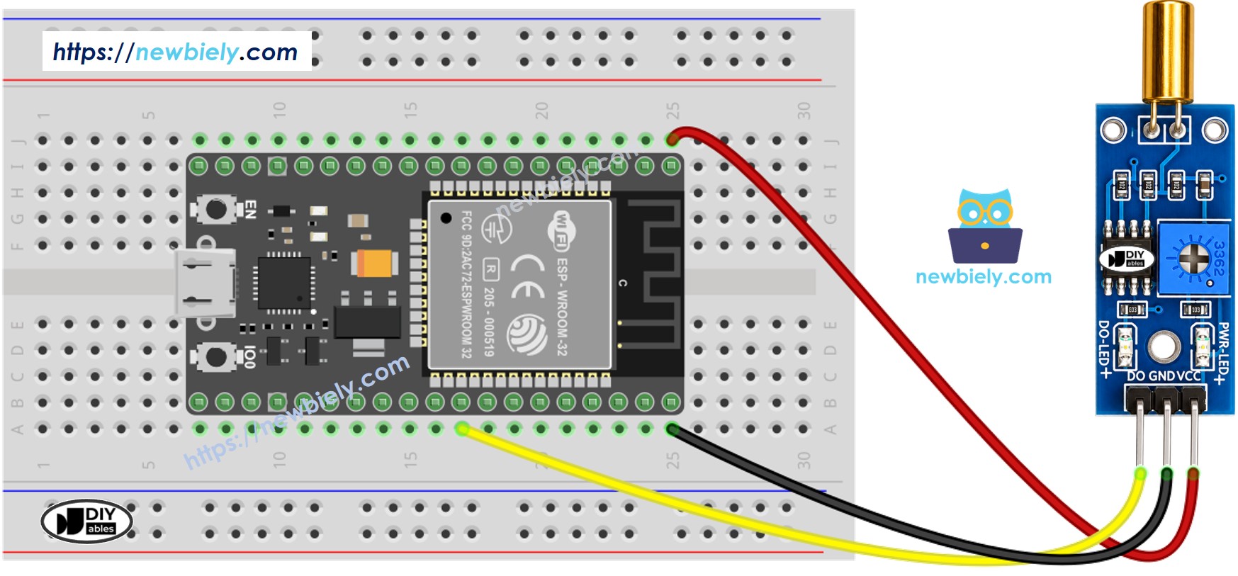 The wiring diagram between ESP32 MicroPython SW520D Tilt Sensor