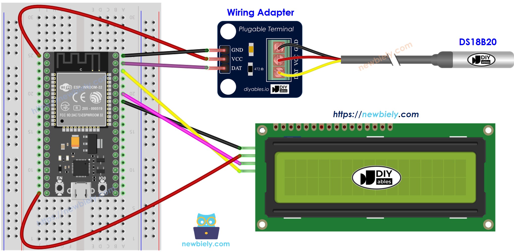 The wiring diagram between ESP32 MicroPython Temperature Sensor LCD