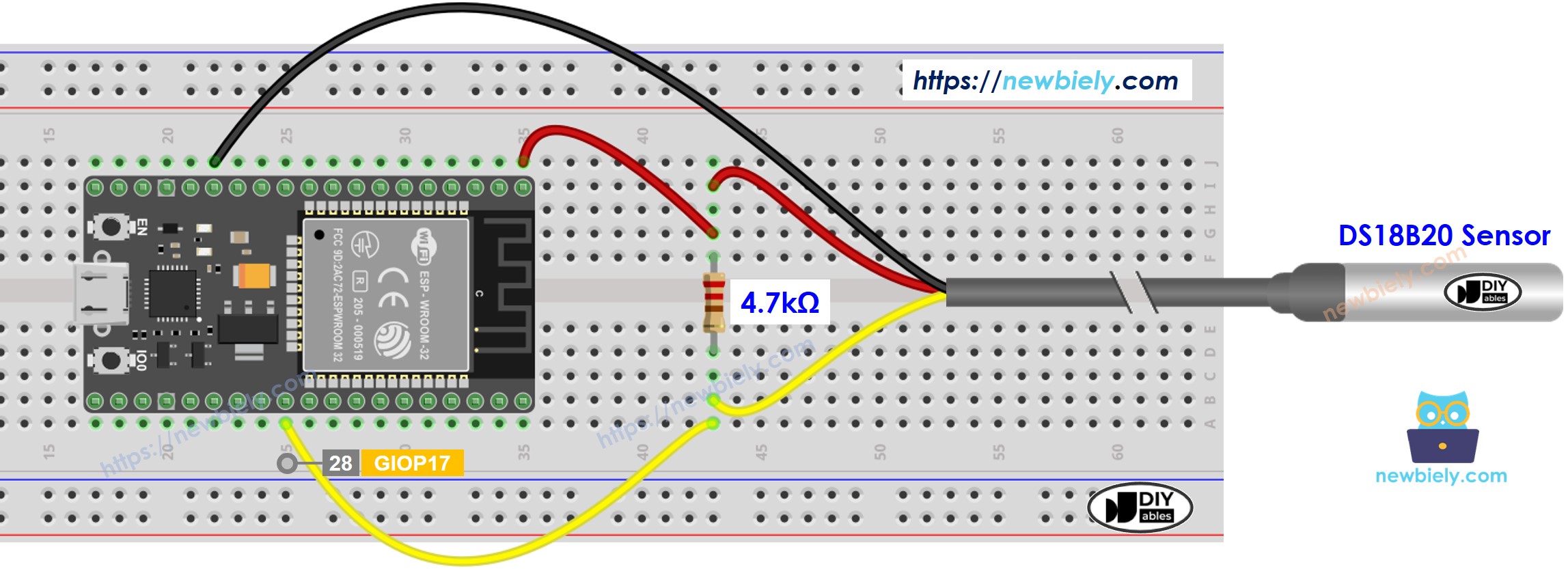 The wiring diagram between ESP32 MicroPython Temperature Sensor