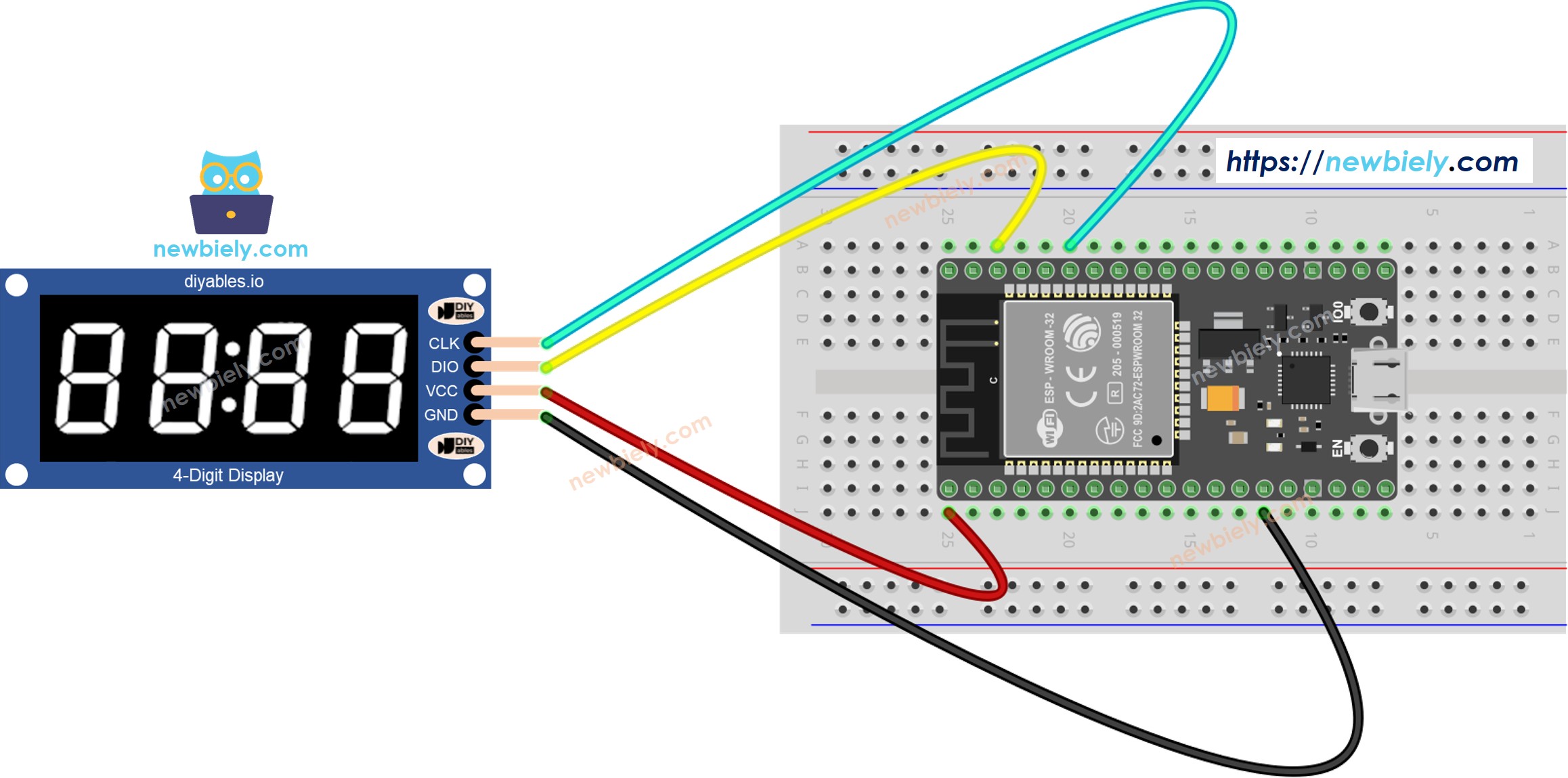 The wiring diagram between ESP32 TM1637 4-Digit 7-Segment Display