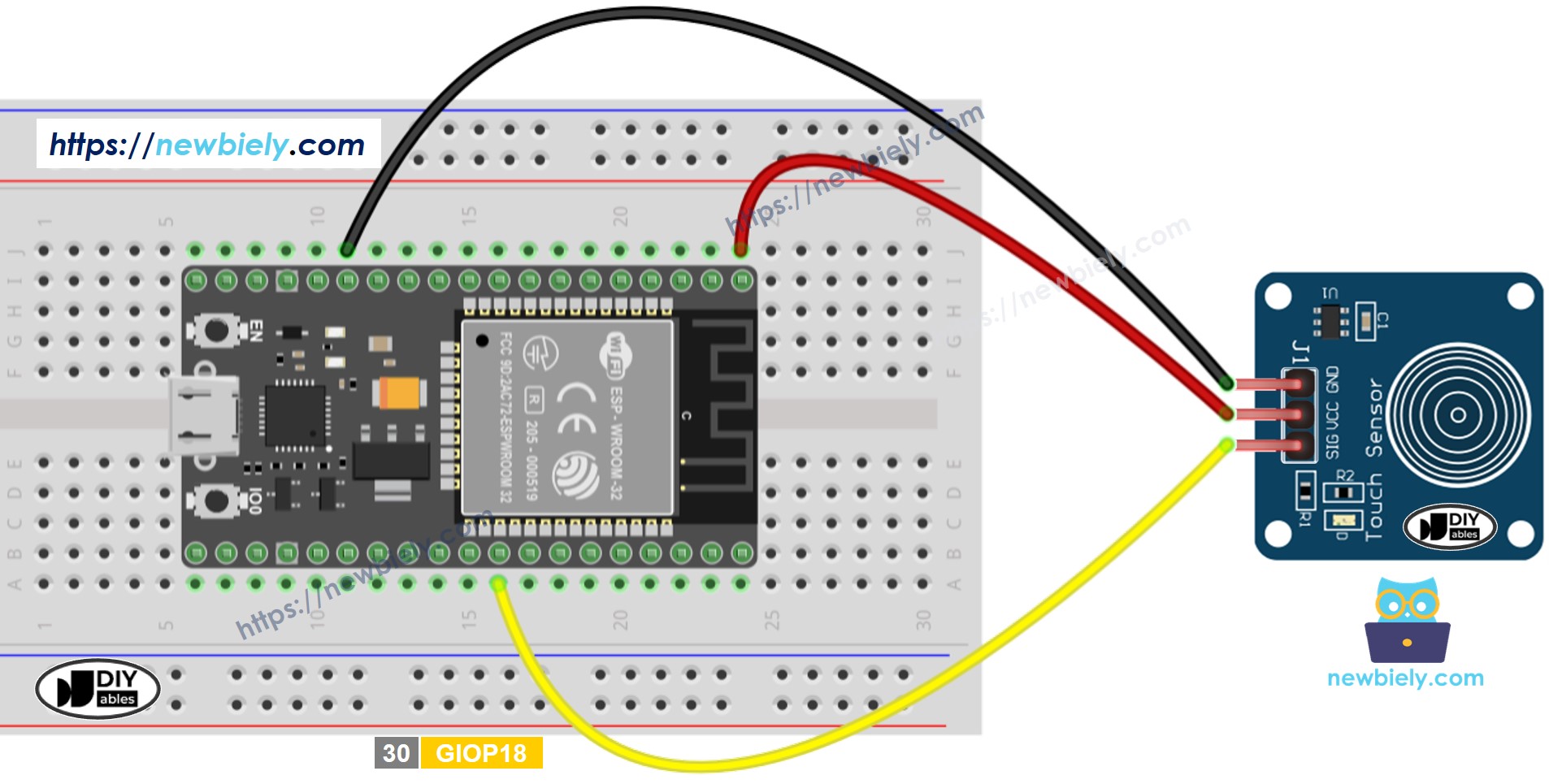 The wiring diagram between ESP32 MicroPython Touch Sensor