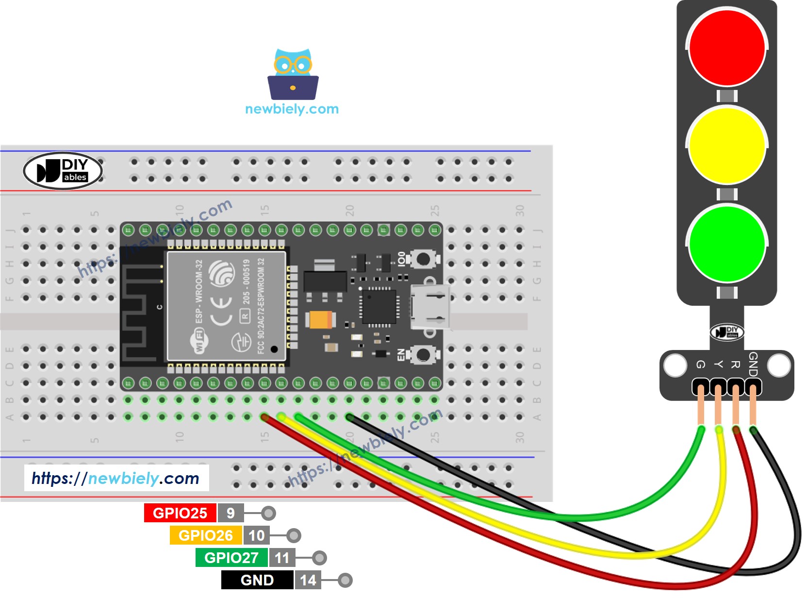 The wiring diagram between ESP32 MicroPython traffic light