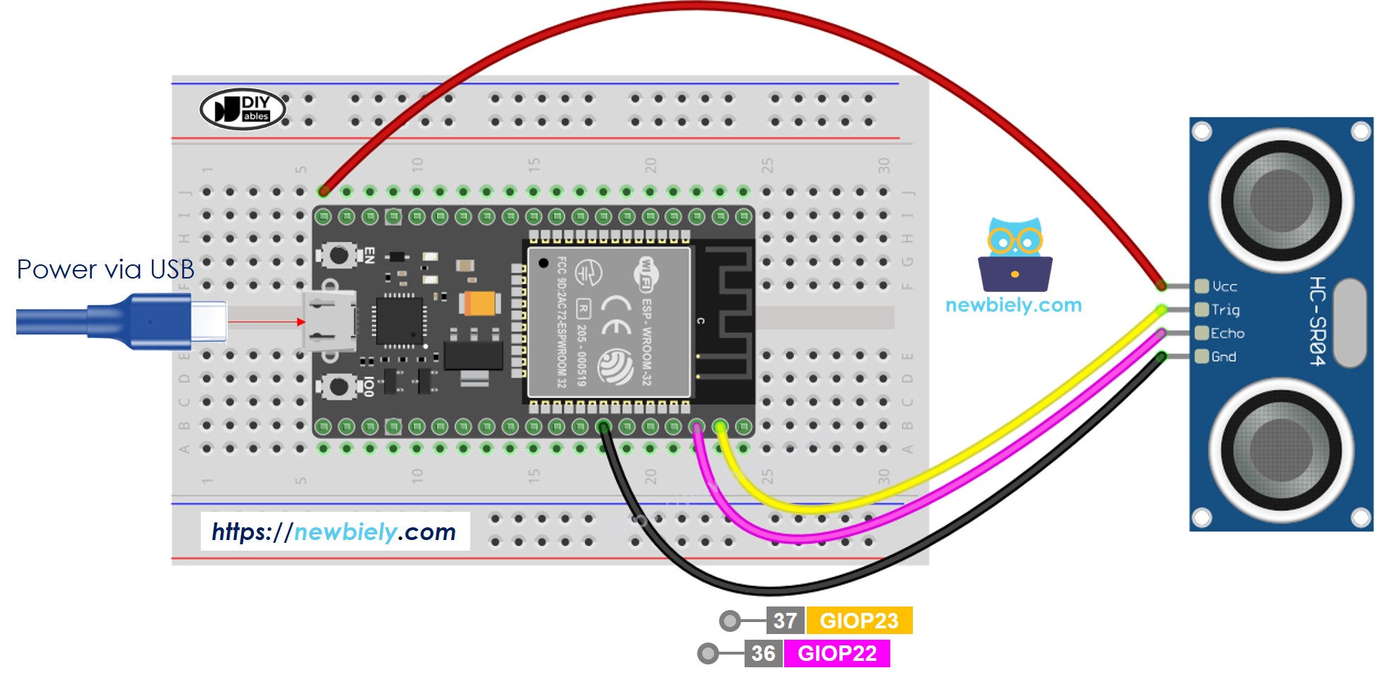 The wiring diagram between ESP32 MicroPython Ultrasonic Sensor