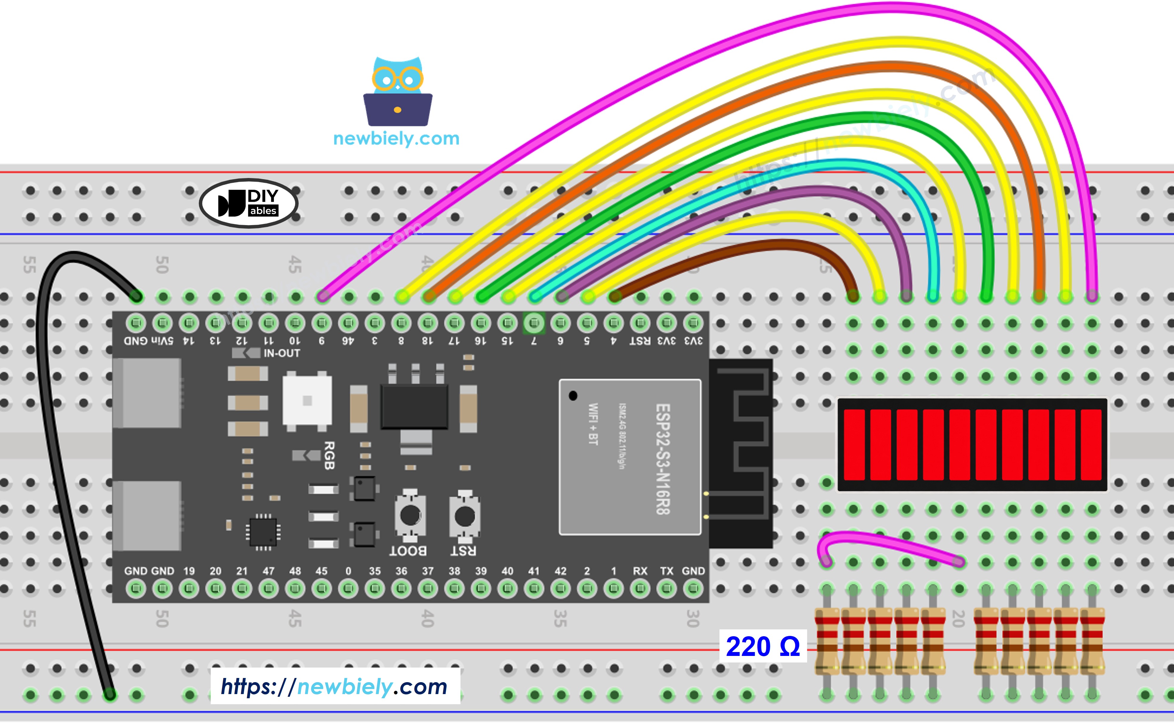 The wiring diagram between ESP32 S3 and 10 Segment LED Bar Graph