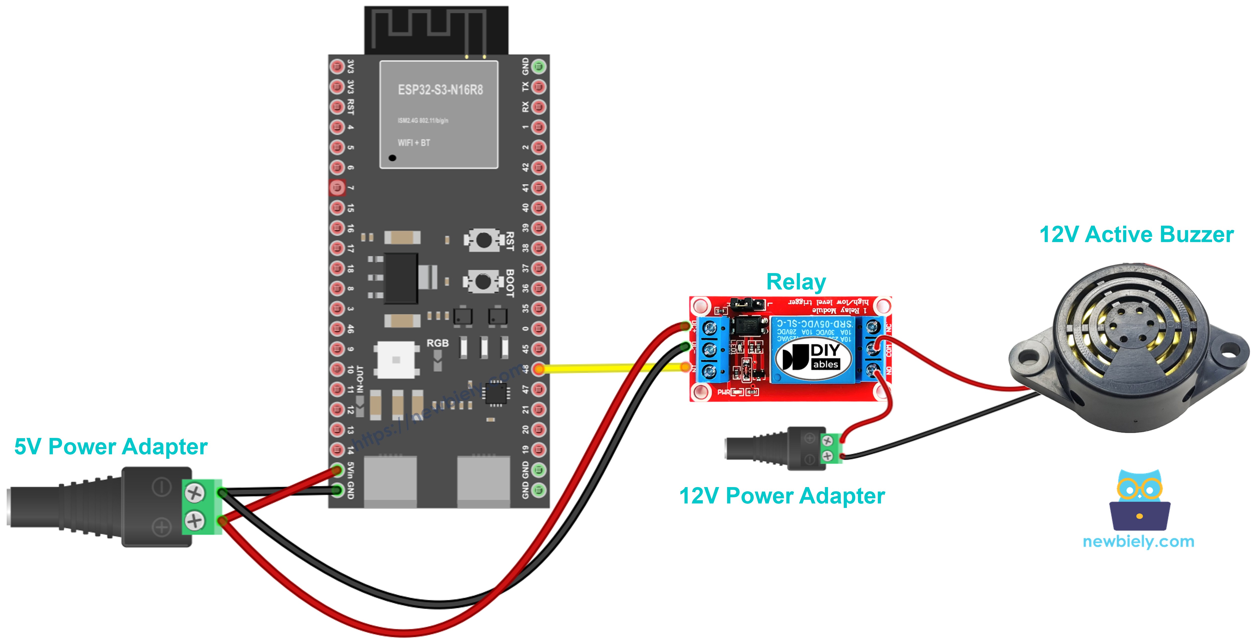 The wiring diagram between ESP32 S3 12V Active Buzzer