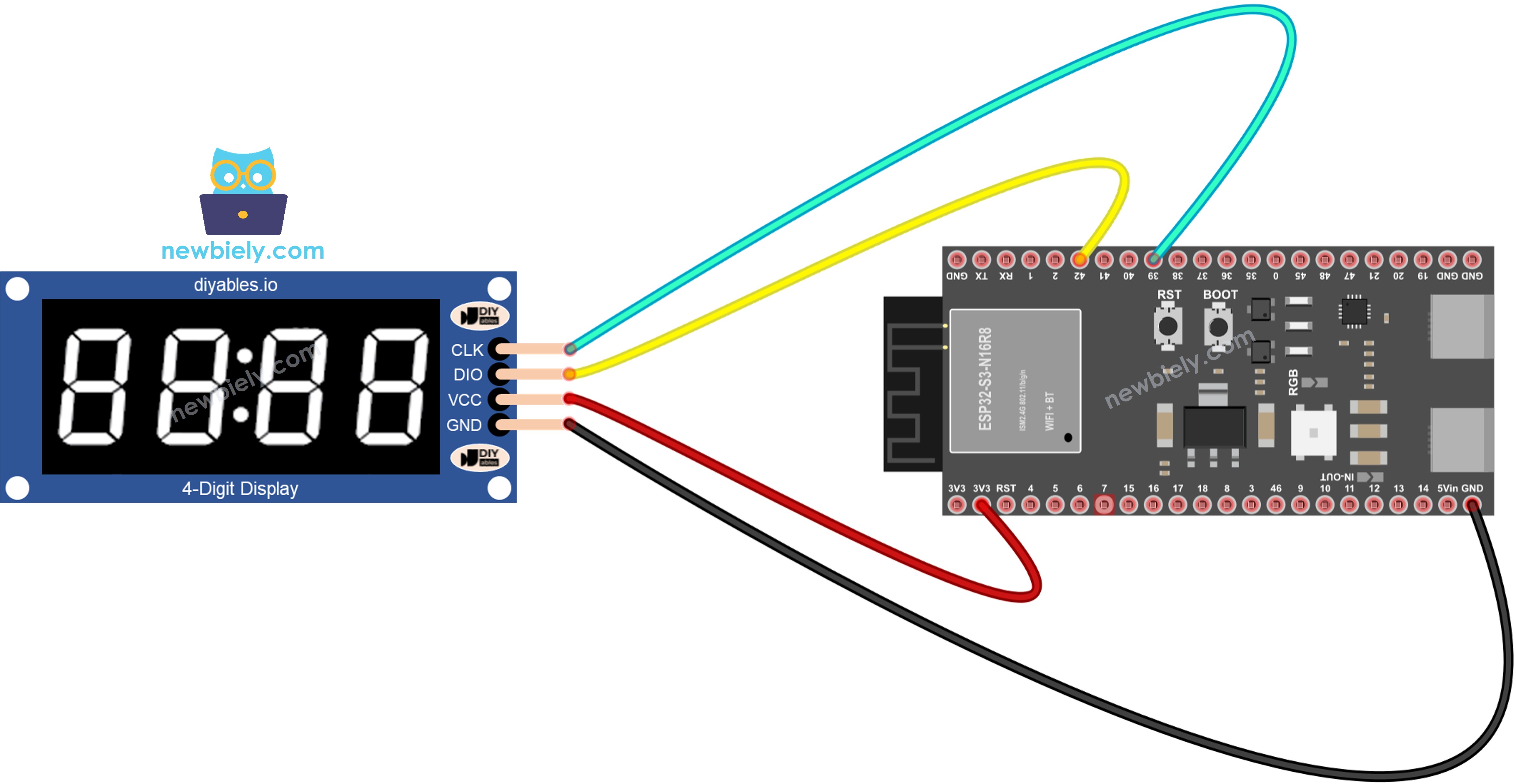 The wiring diagram between ESP32 S3 TM1637 4-Digit 7-Segment Display
