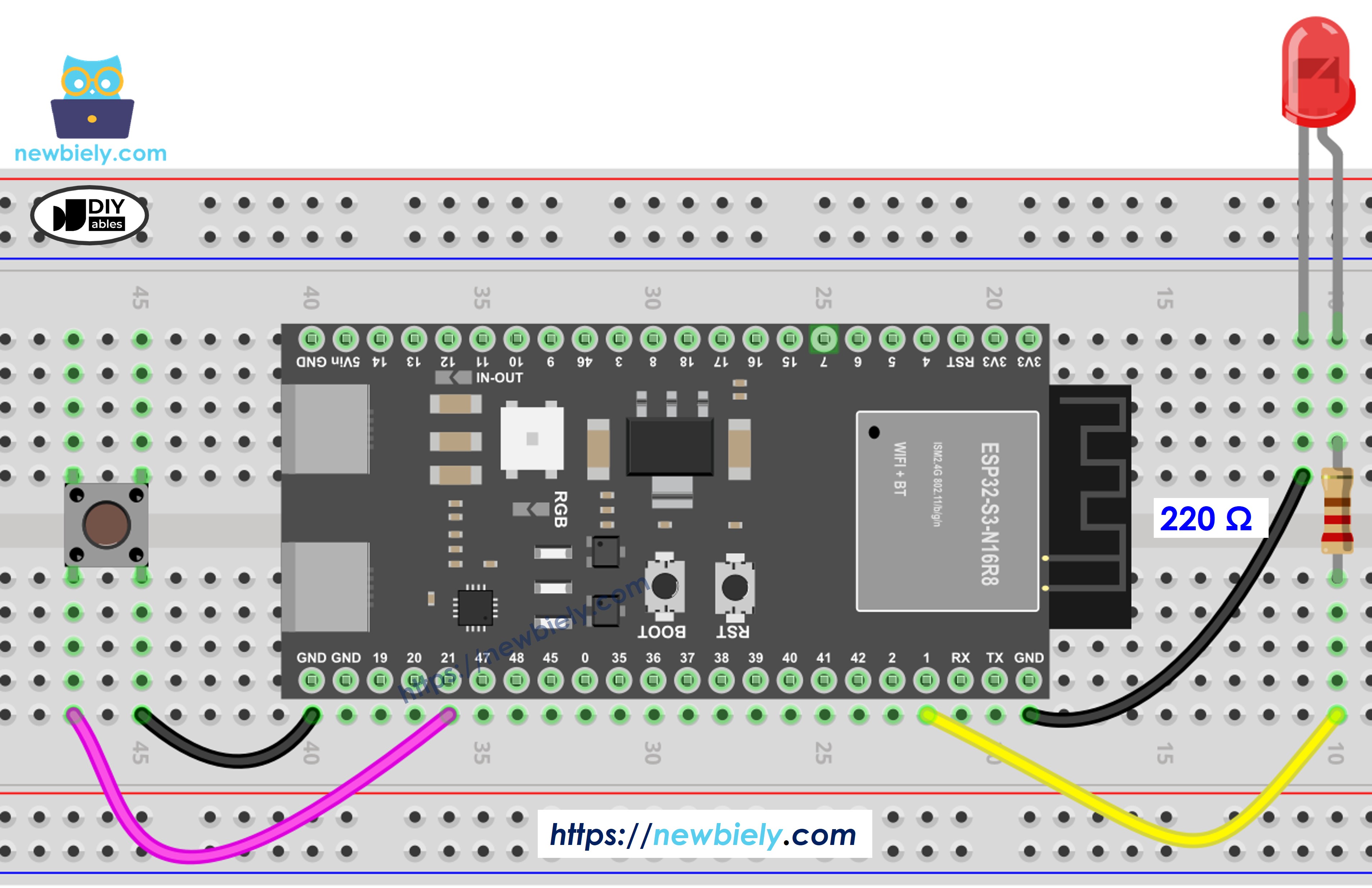 The wiring diagram between ESP32 S3 Button LED
