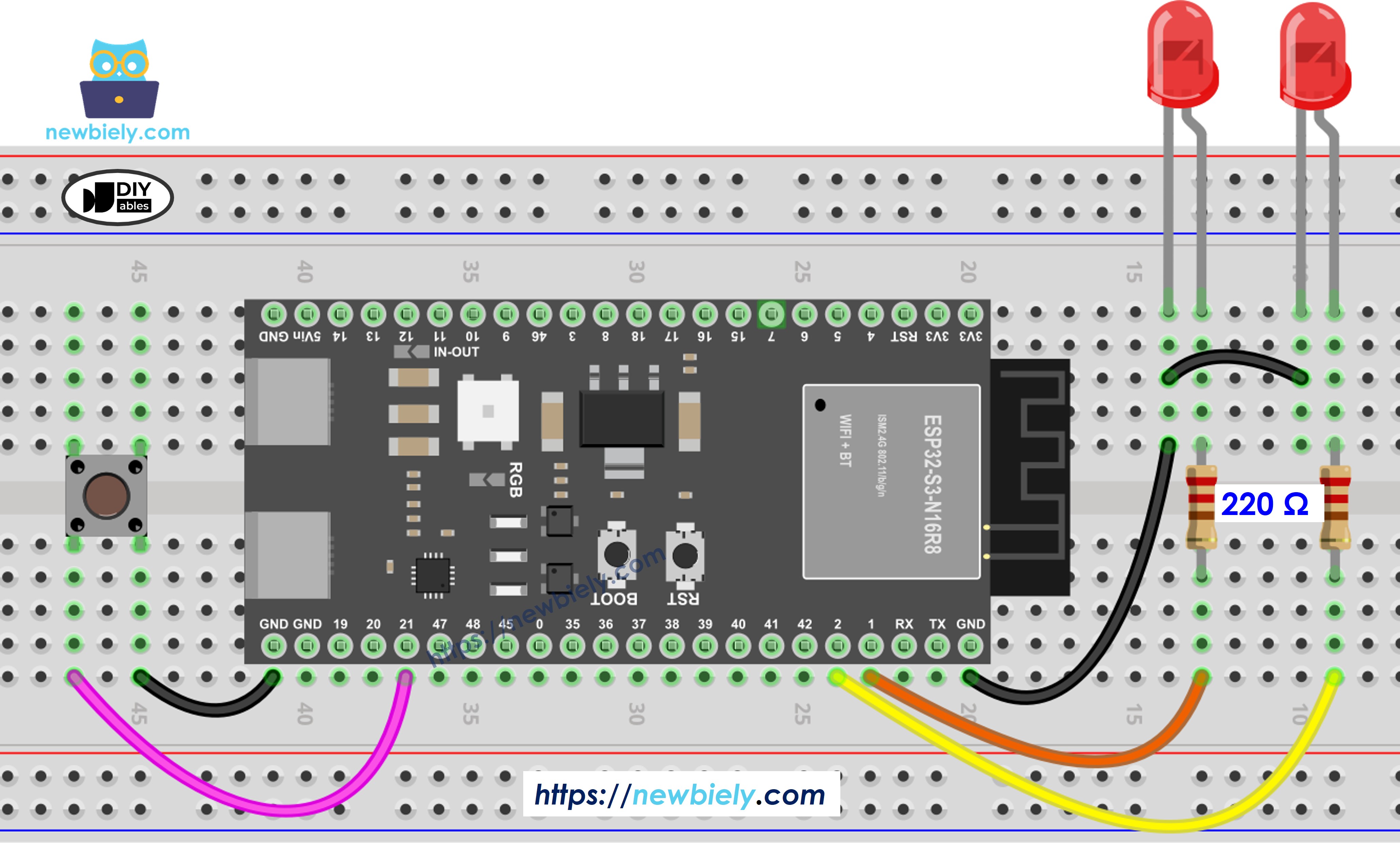 The wiring diagram between ESP32 S3 LED two button