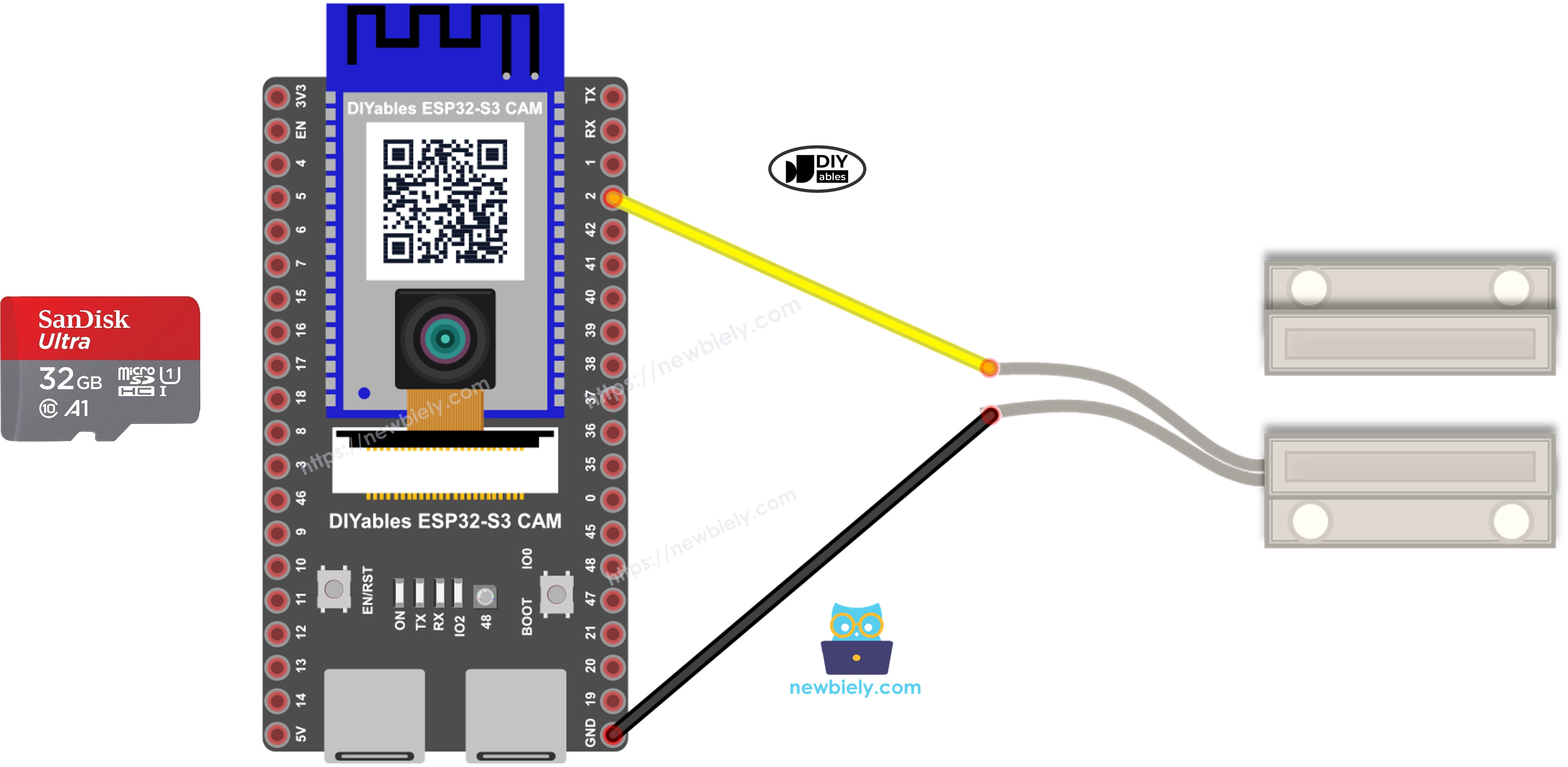 The wiring diagram between ESP32 S3 Door Sensor SD Card