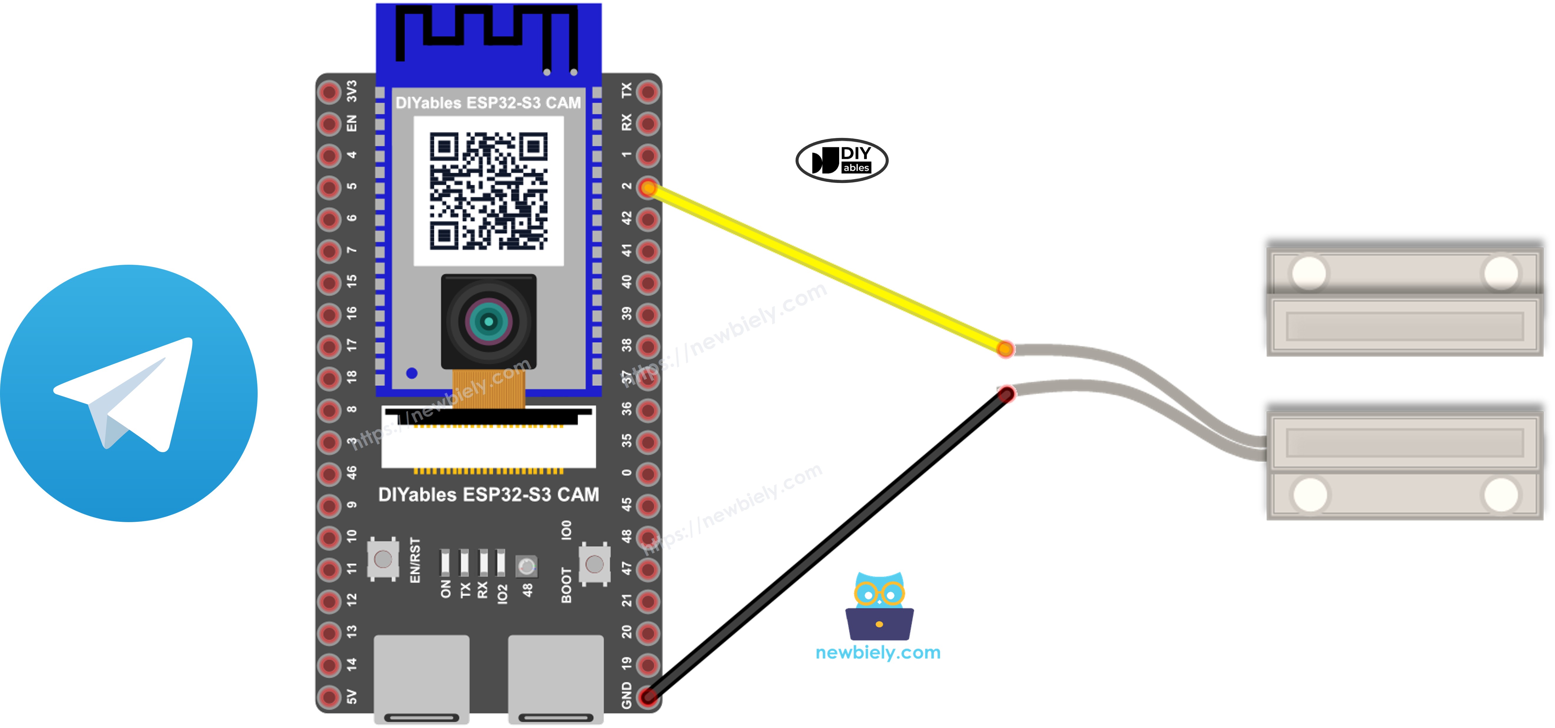 The wiring diagram between ESP32 S3 Door Sensor Telegram