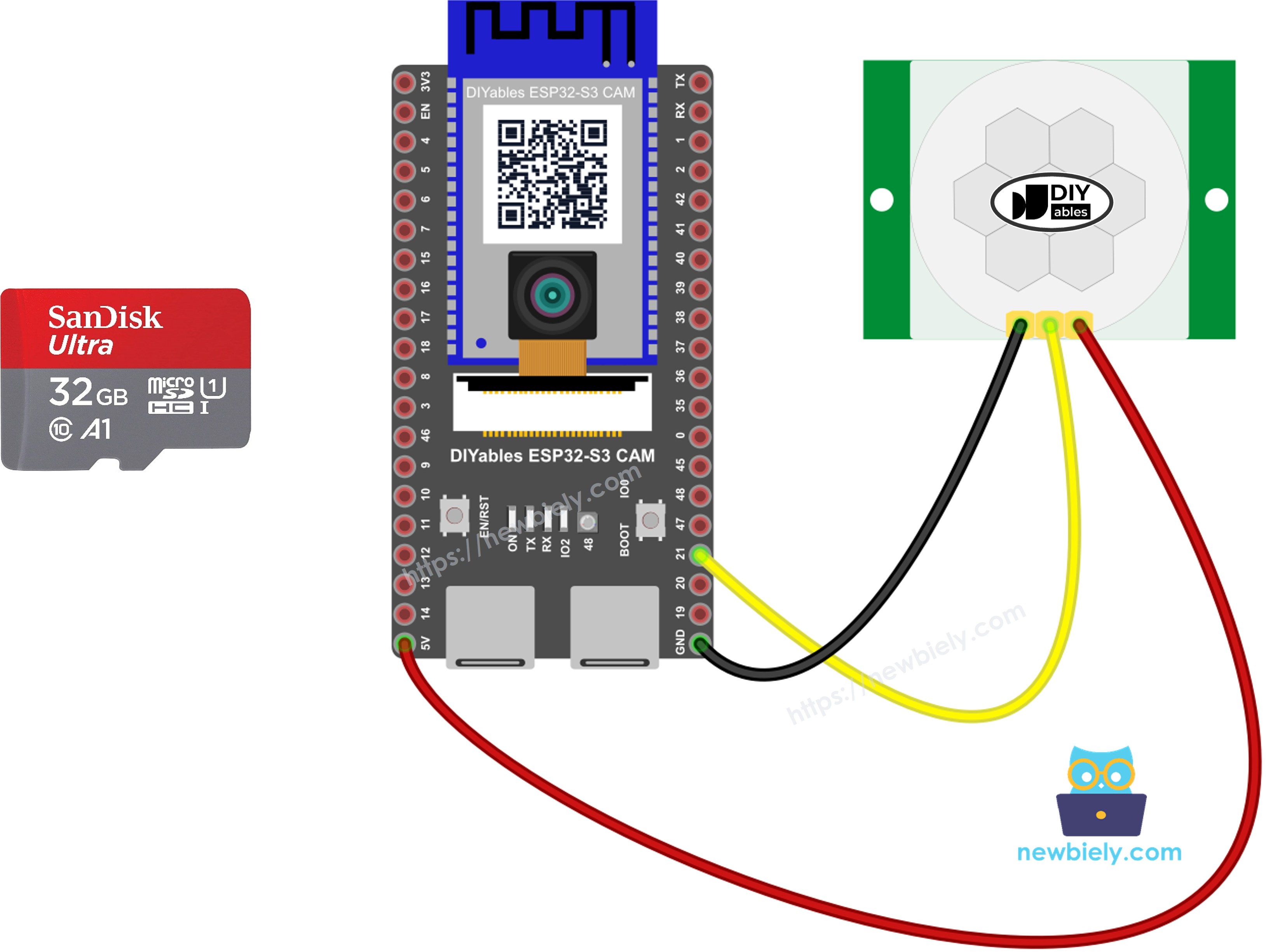 The wiring diagram between ESP32 S3 PIR Motion Sensor