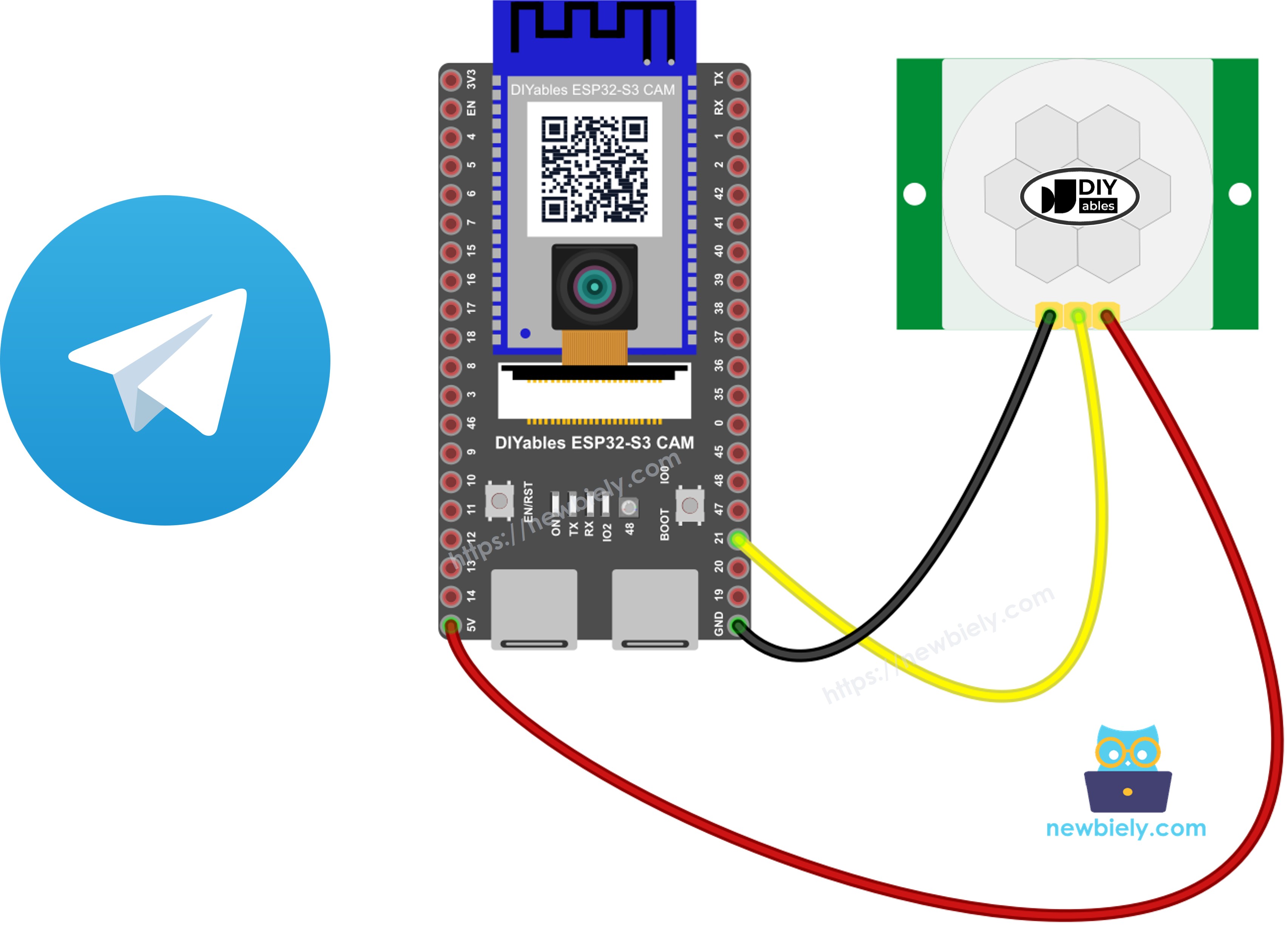 The wiring diagram between ESP32 S3 PIR Motion Sensor Telegram