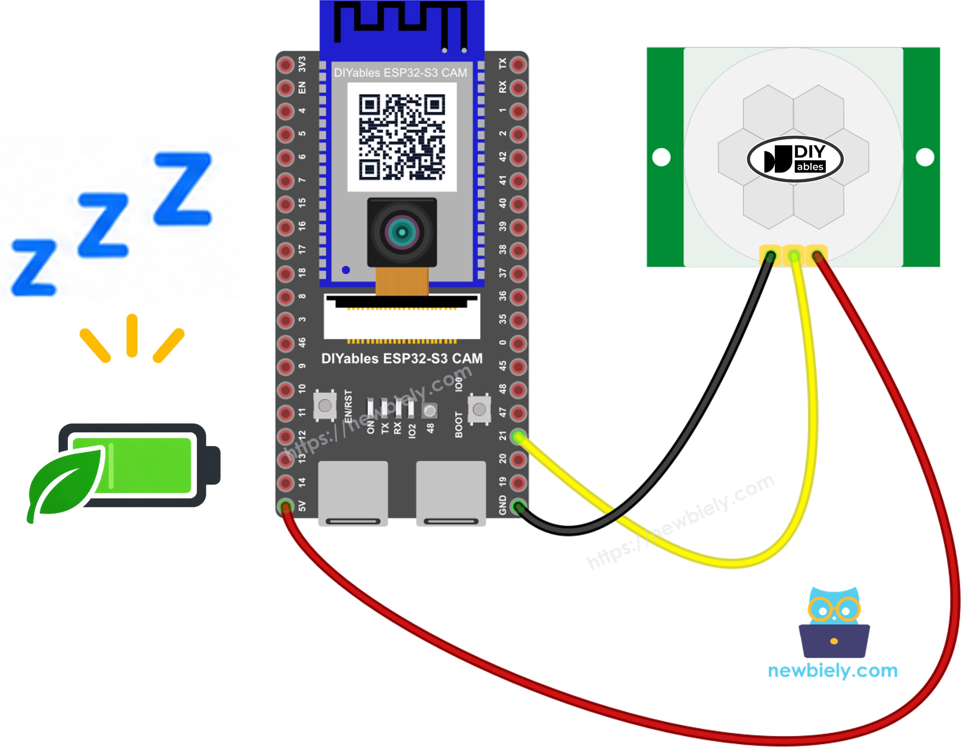 The wiring diagram between ESP32 S3 Deep Sleep Camera