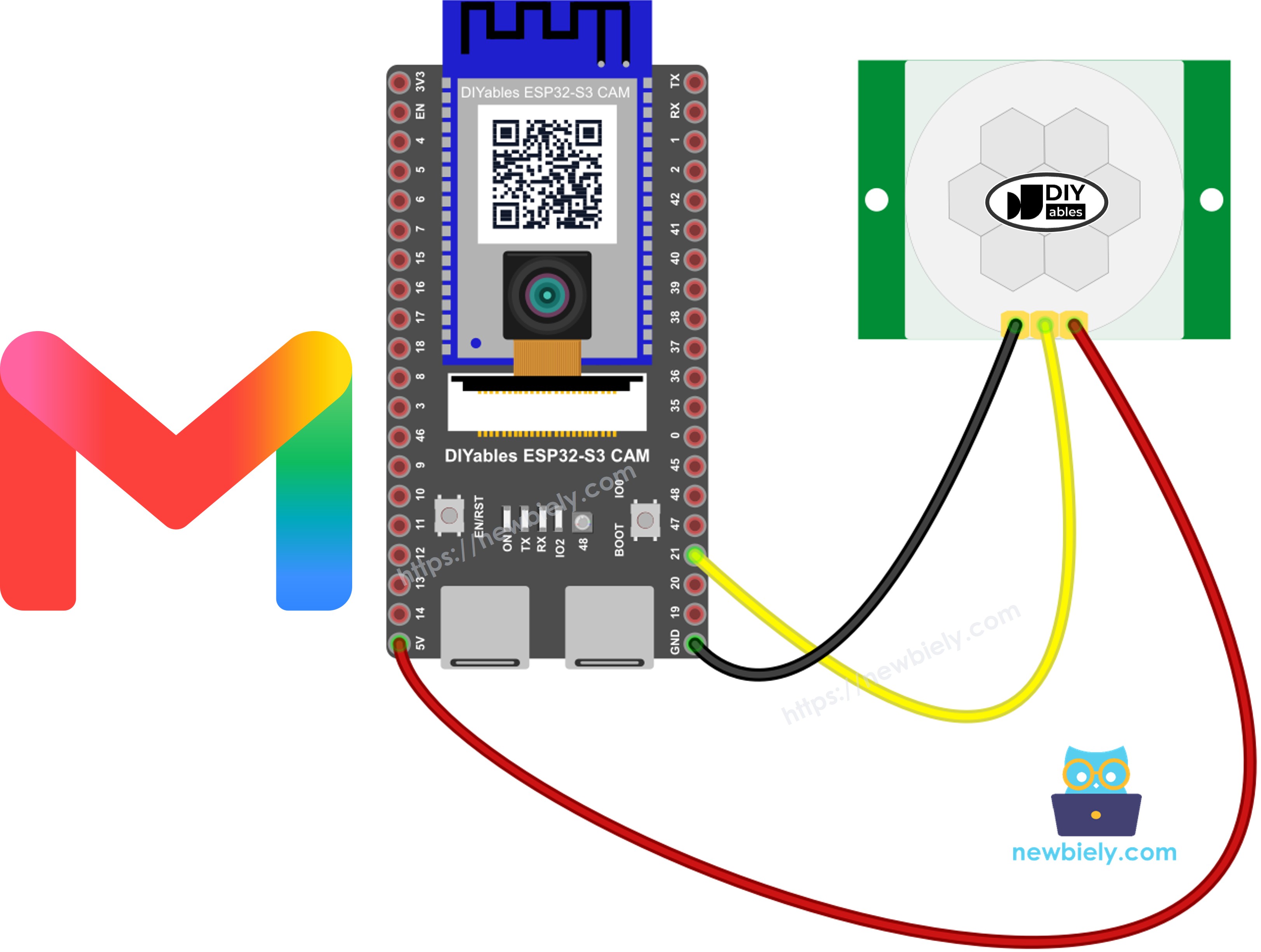 The wiring diagram between ESP32 S3 PIR Motion Sensor Email