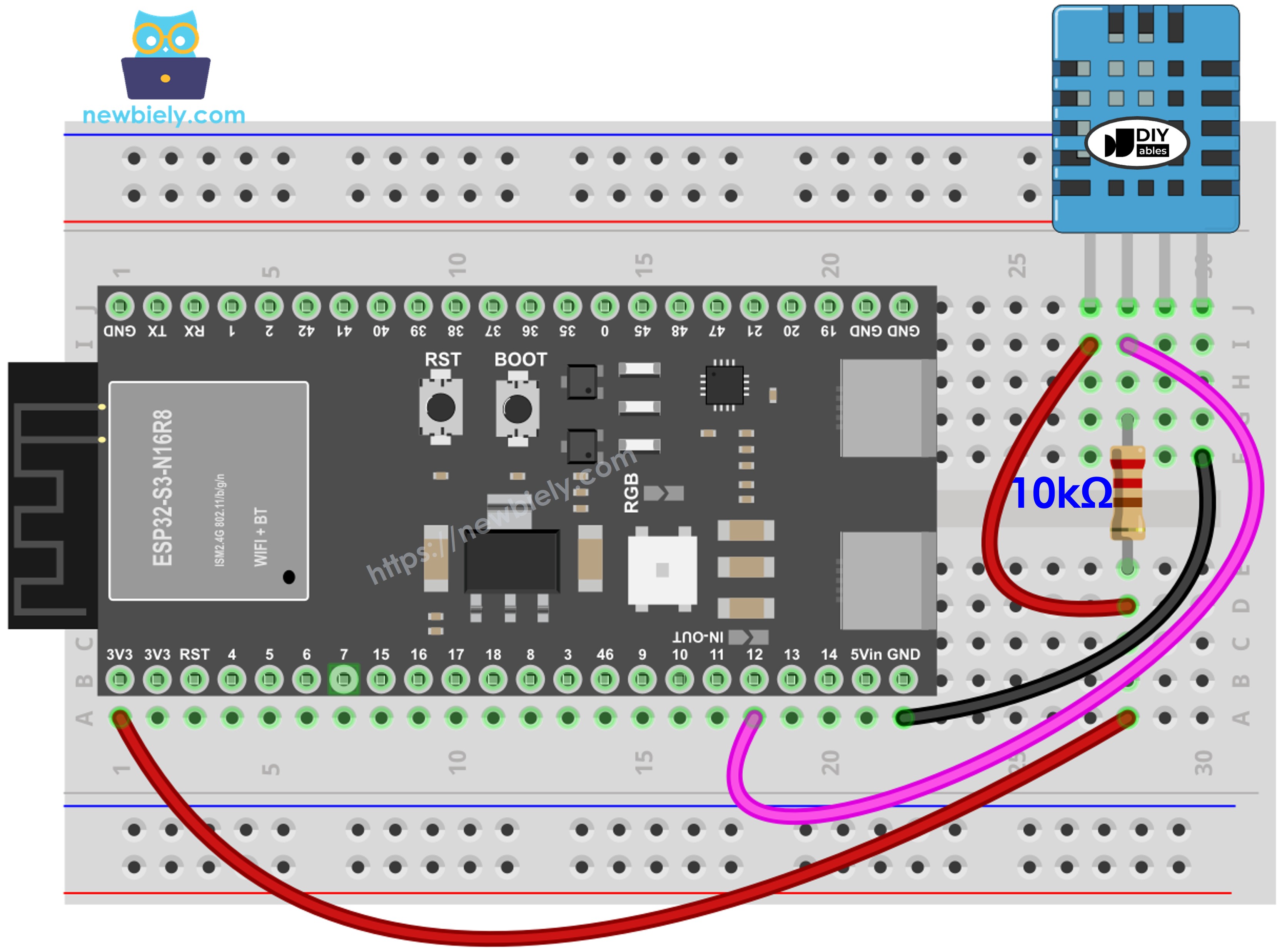 The wiring diagram between ESP32 S3 DHT11 Temperature and humidity Sensor