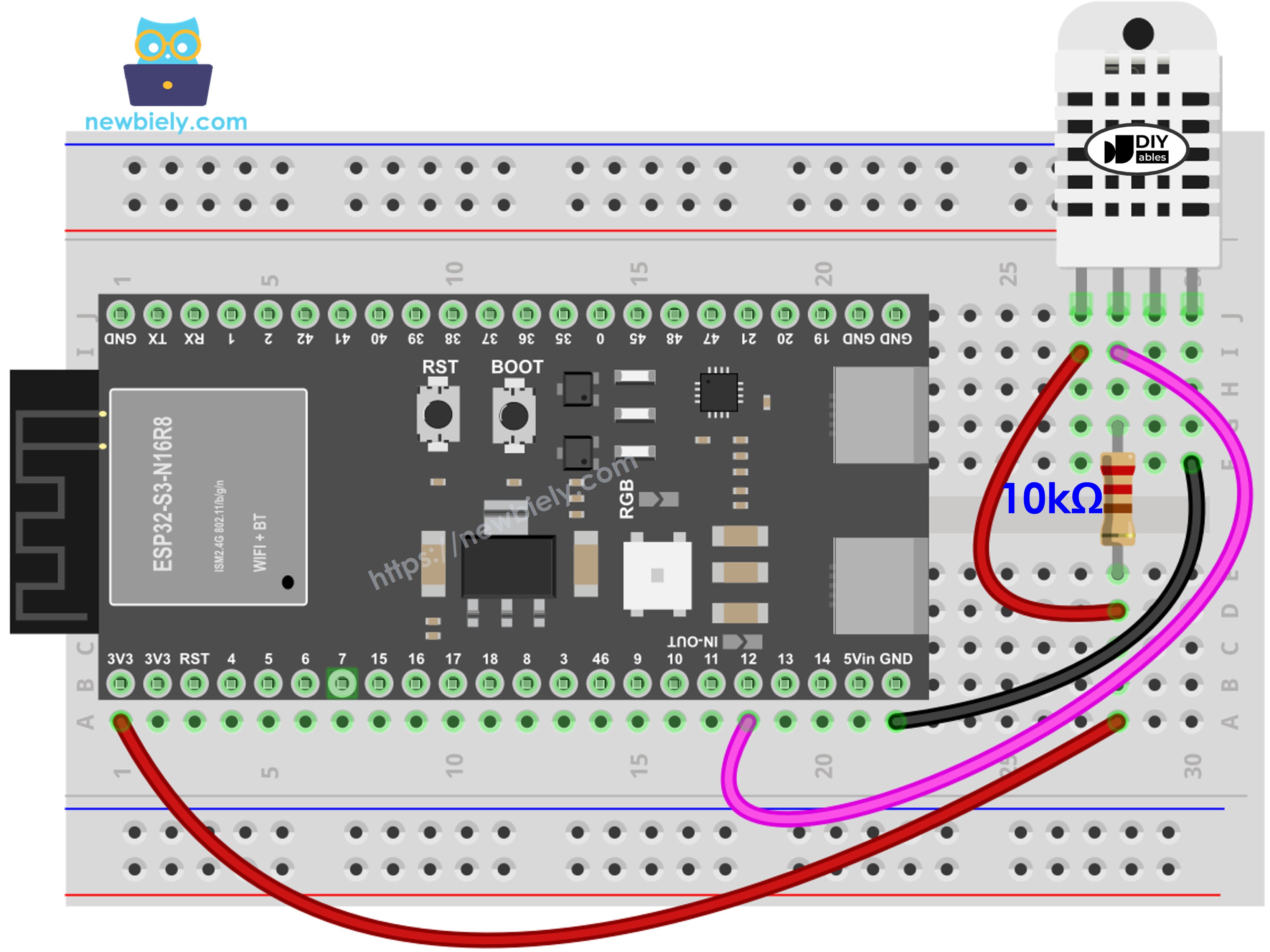 The wiring diagram between ESP32 S3 DHT22 Temperature and humidity Sensor