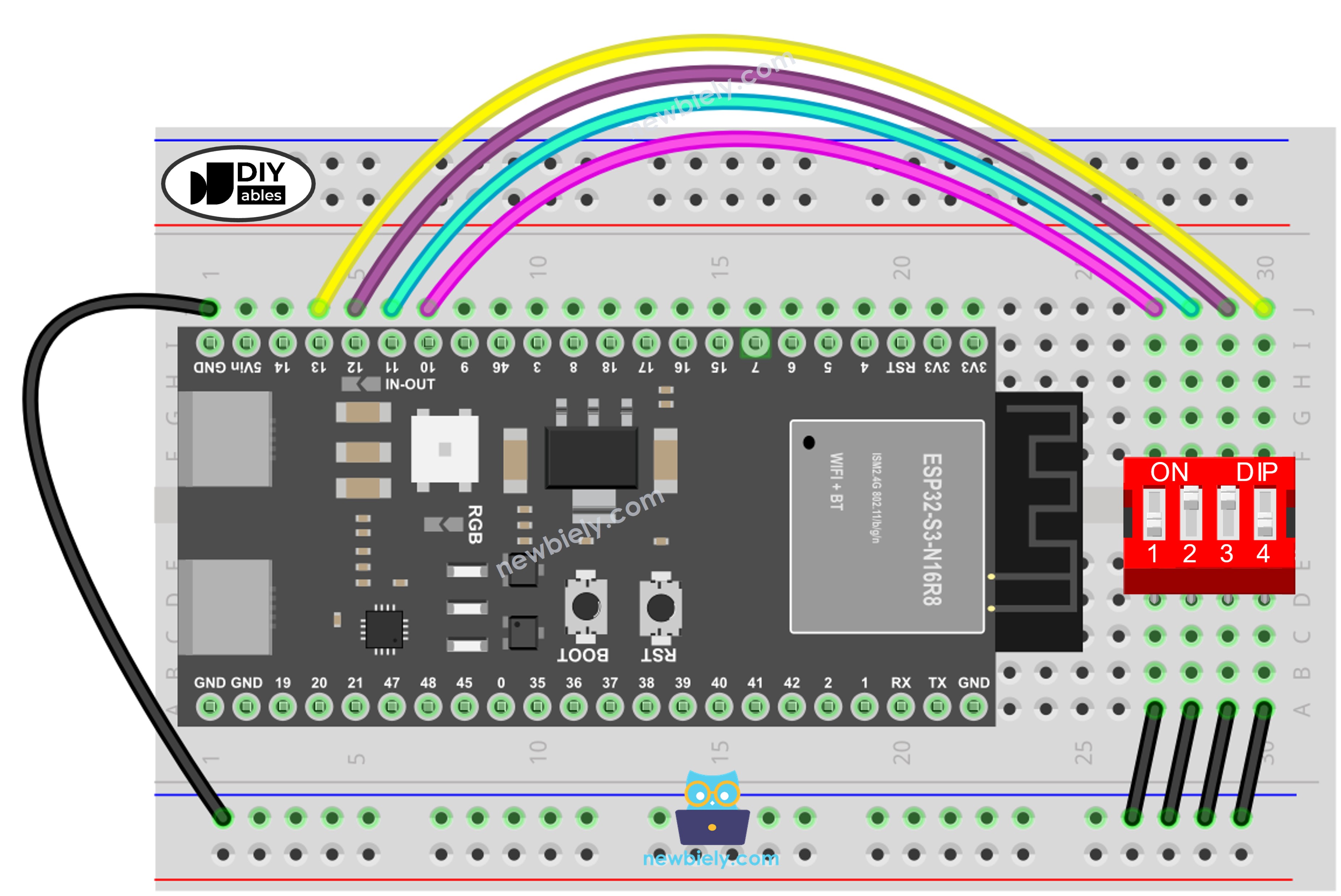 The wiring diagram between ESP32 S3 DIP switch
