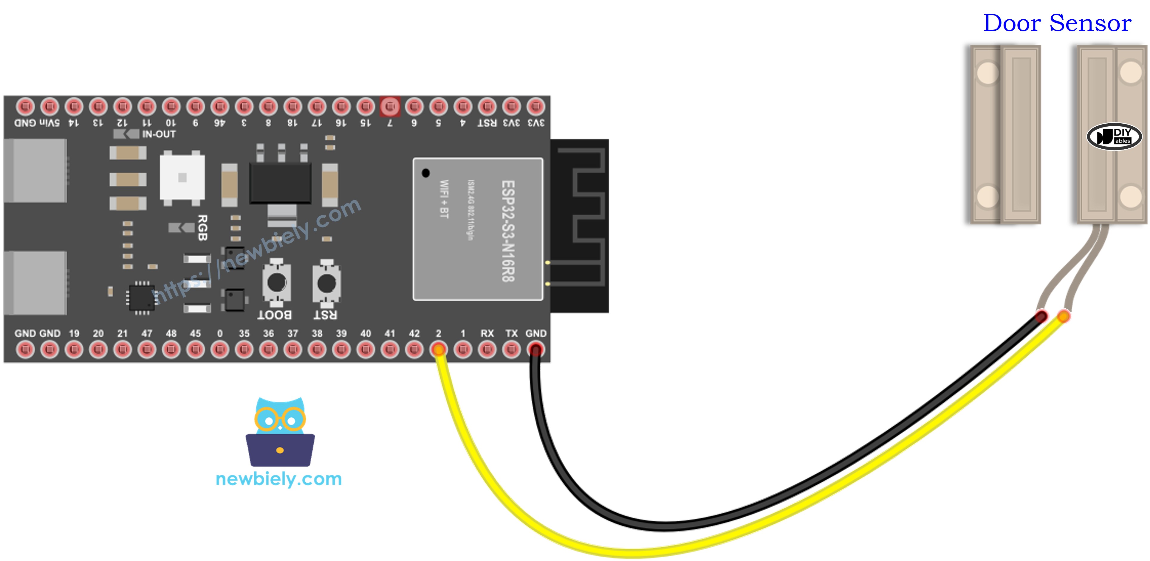 The wiring diagram between ESP32 S3 Door Sensor