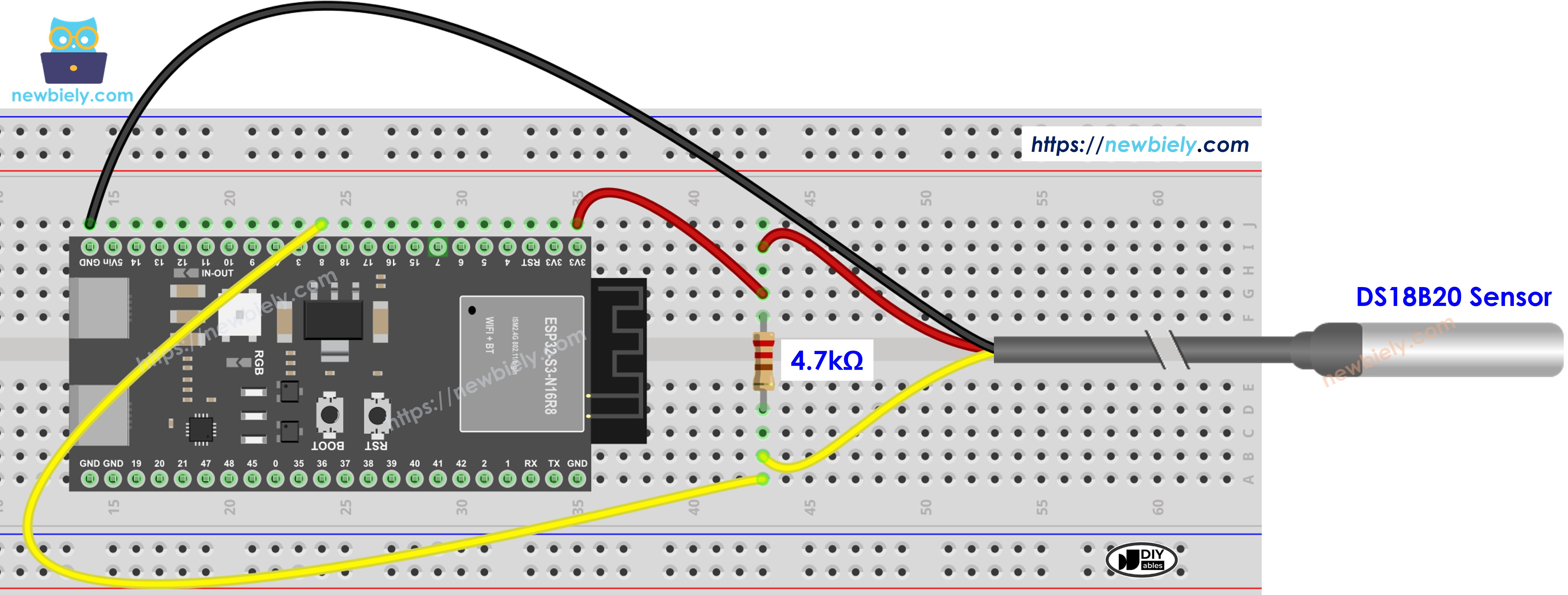 The wiring diagram between ESP32 S3 Temperature Sensor