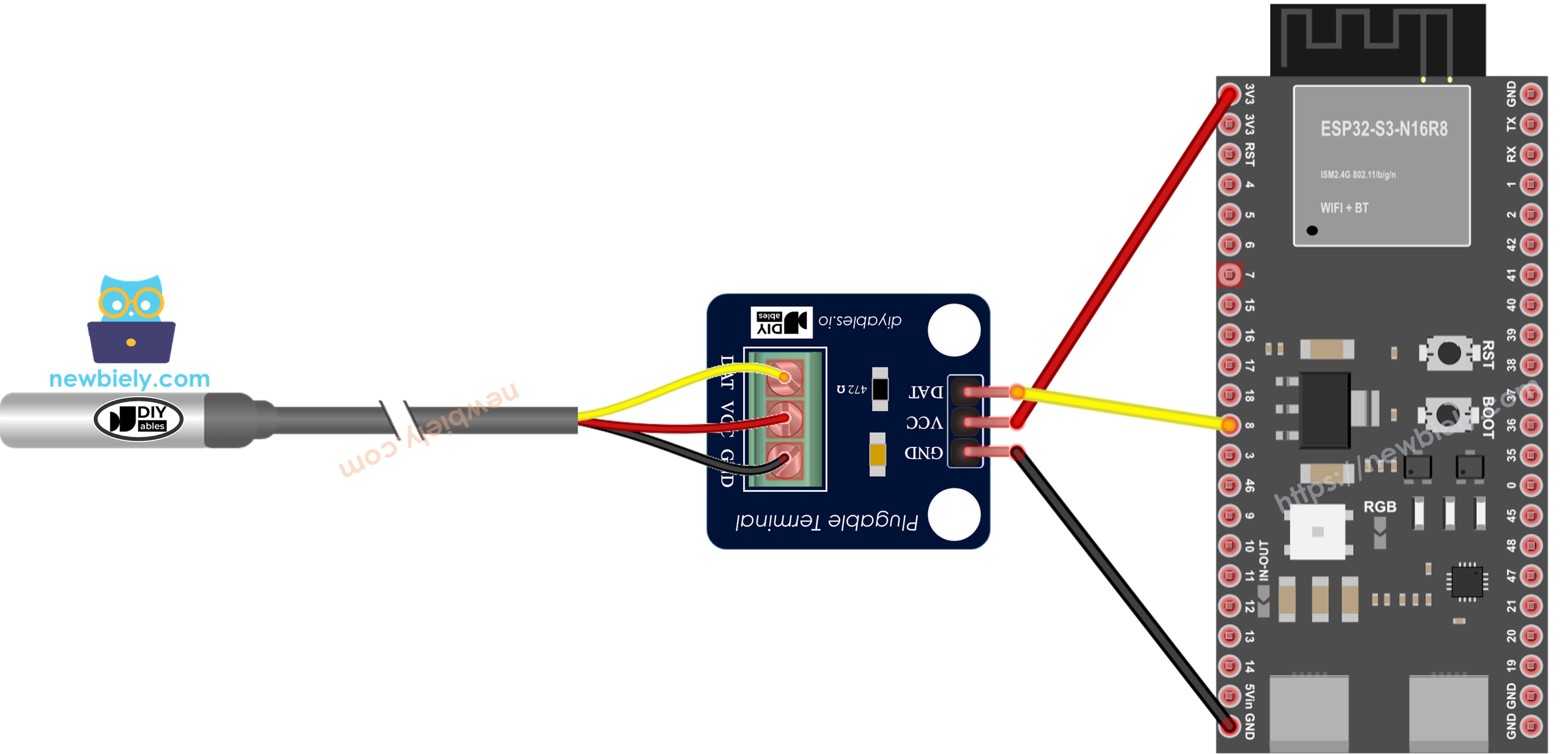 The wiring diagram between ESP32 S3 DS18B20