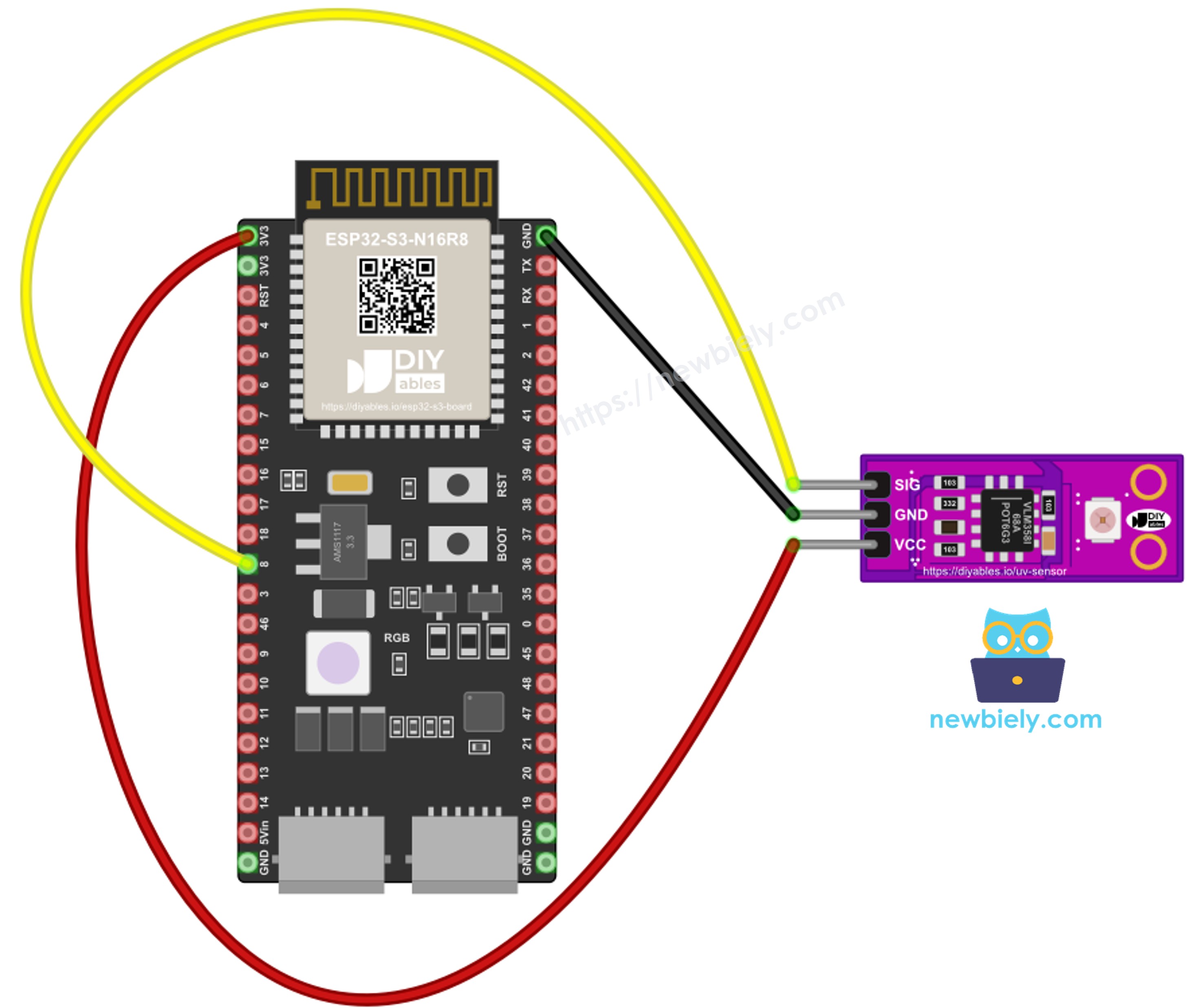 The wiring diagram between ESP32 S3 GUVA-S12SD UV sensor