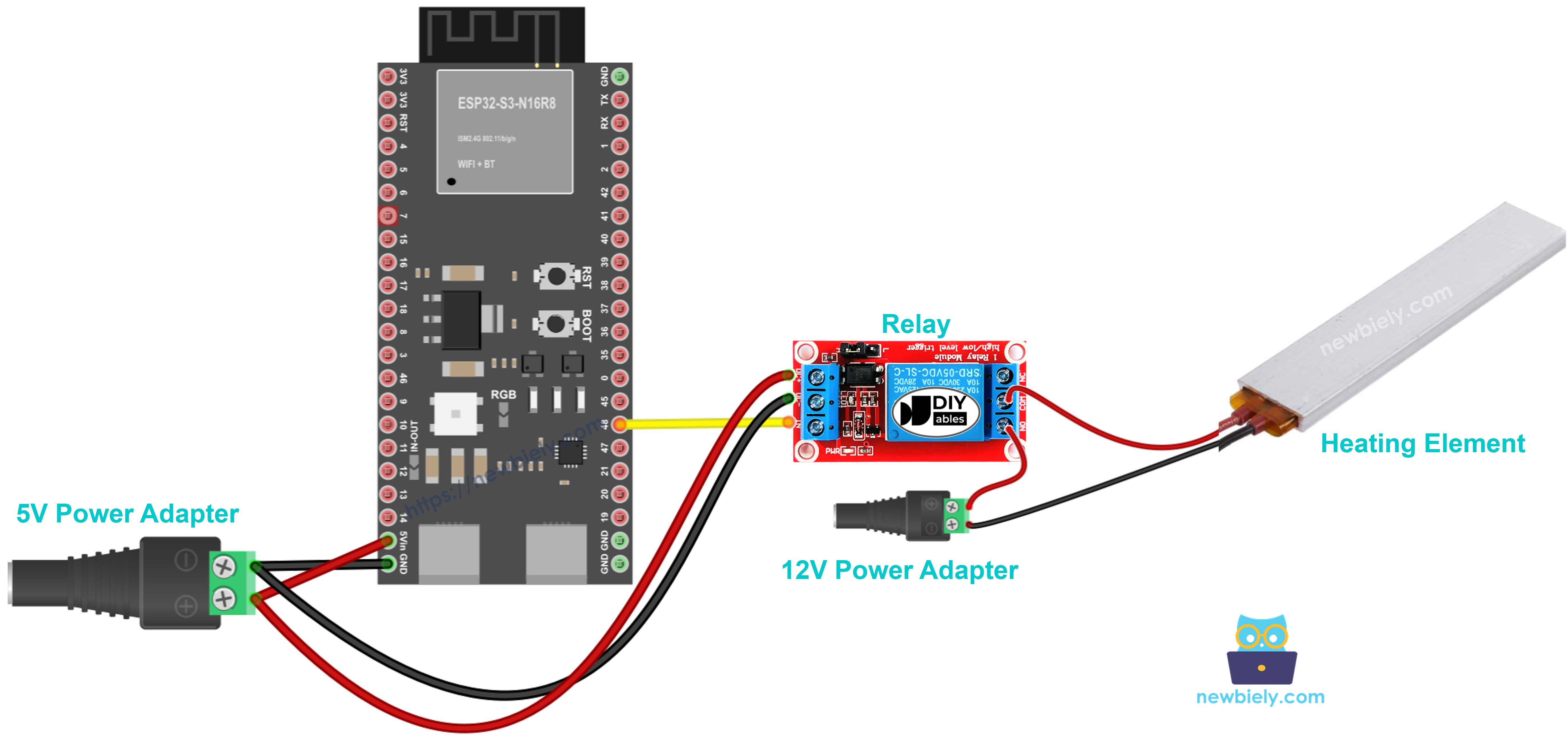 The wiring diagram between ESP32 S3 Heating Element