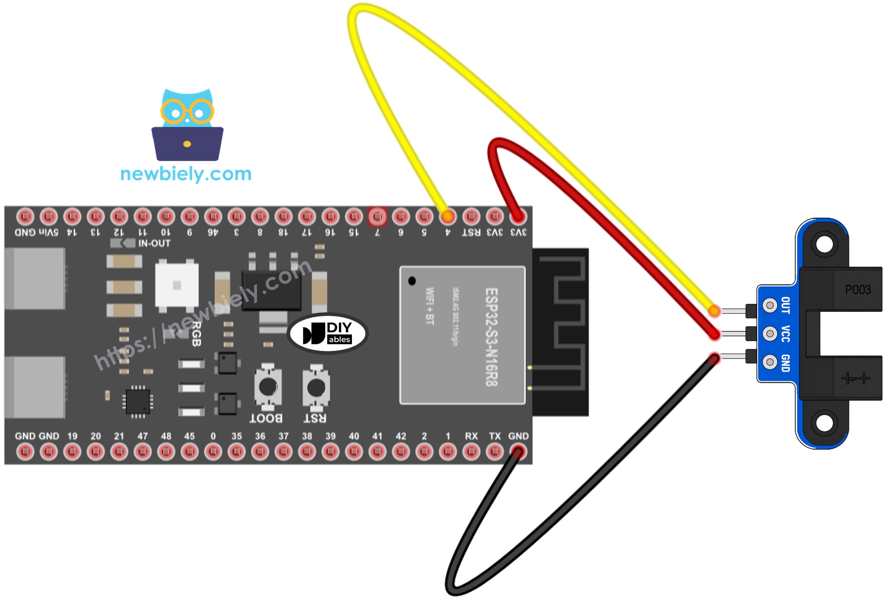 The wiring diagram between ESP32 S3 IR slotted optical speed sensor