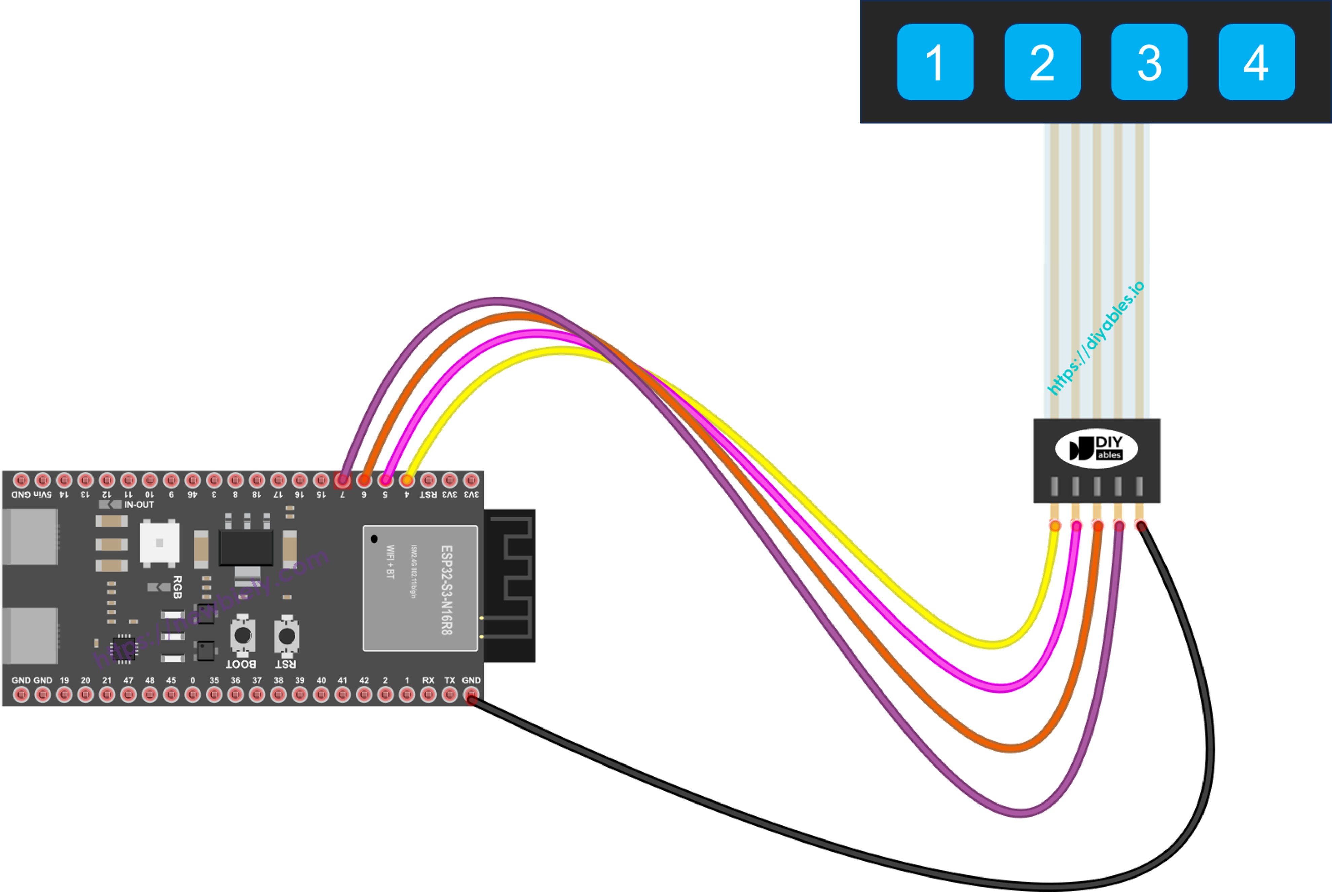 The wiring diagram between ESP32 S3 Keypad 1x4
