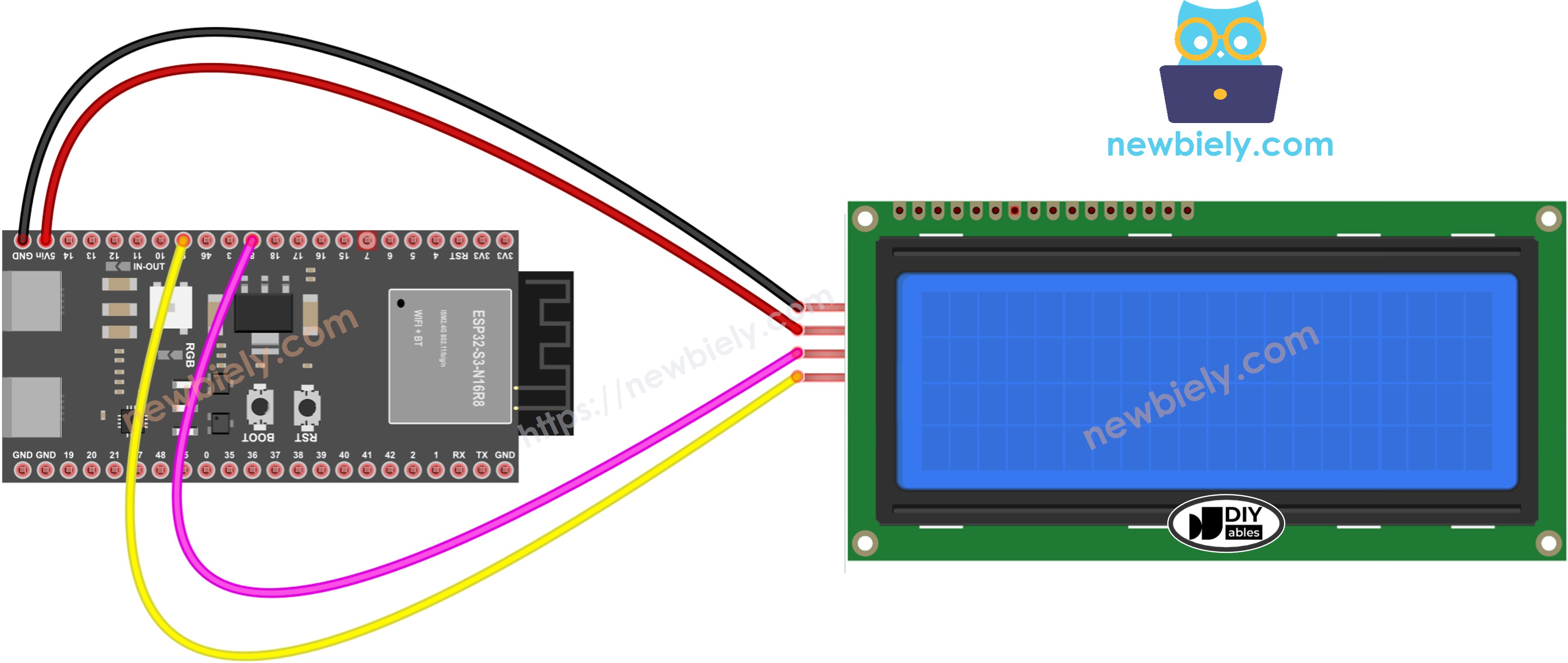 The wiring diagram between ESP32 S3 LCD 20x4 I2C