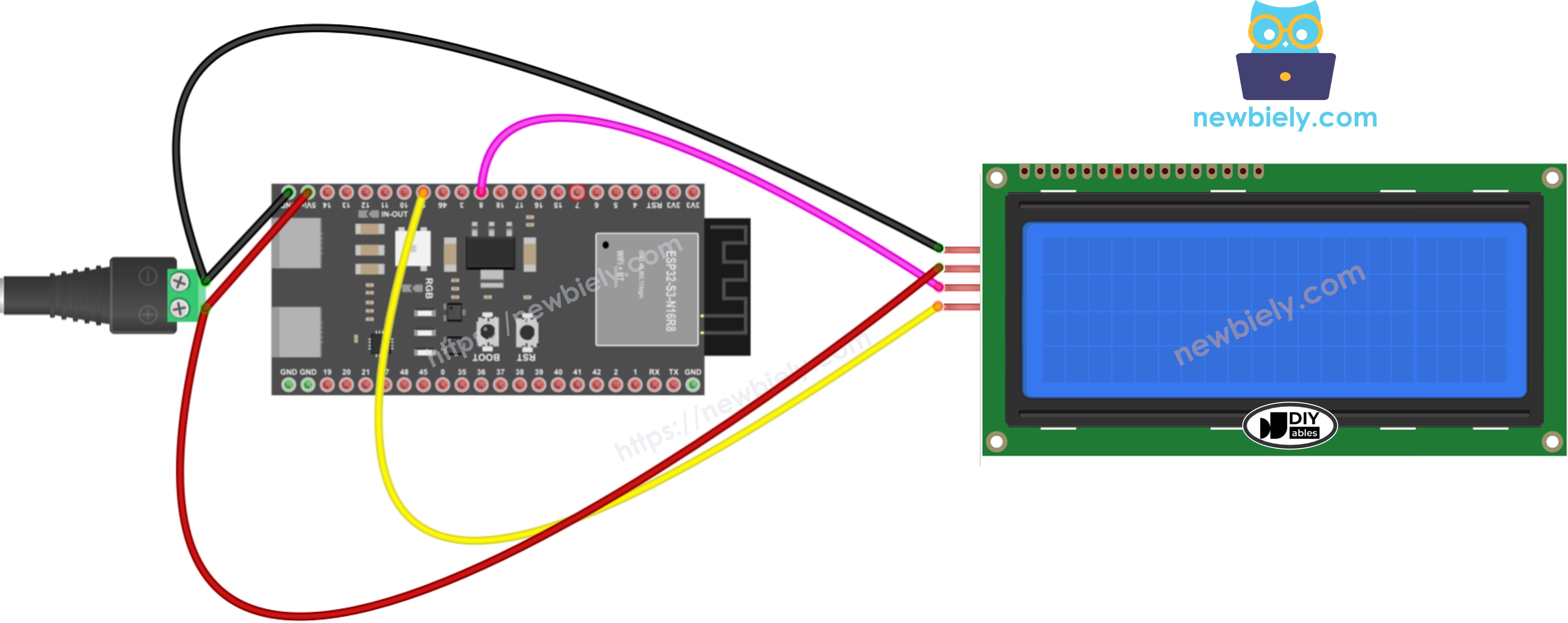 The wiring diagram between ESP32 S3 LCD 20x4 I2C external power source