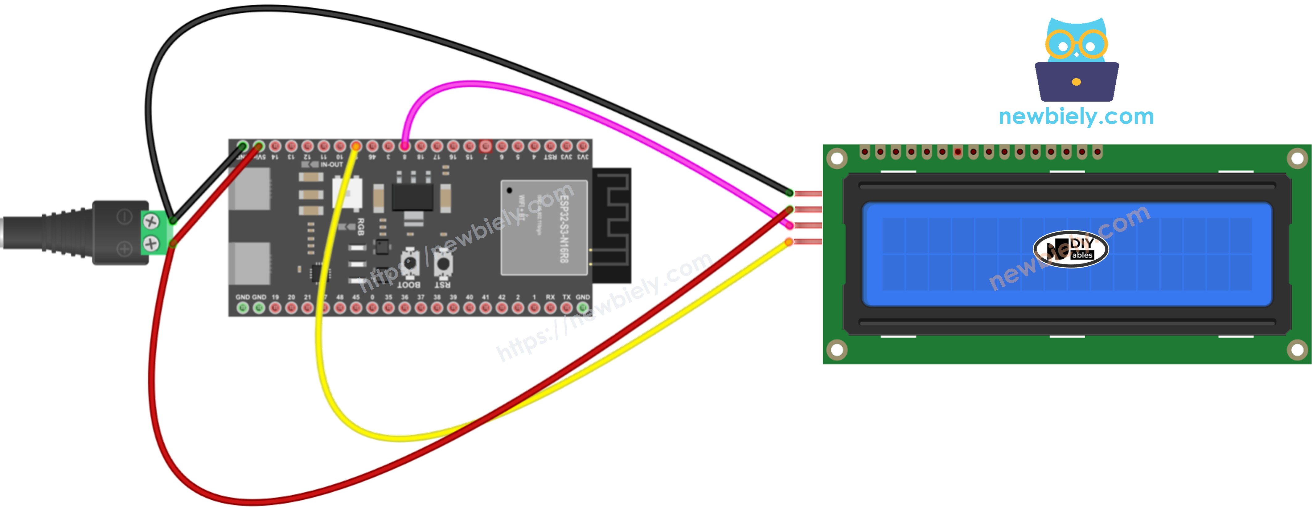 The wiring diagram between ESP32 S3 LCD I2C 5V power source