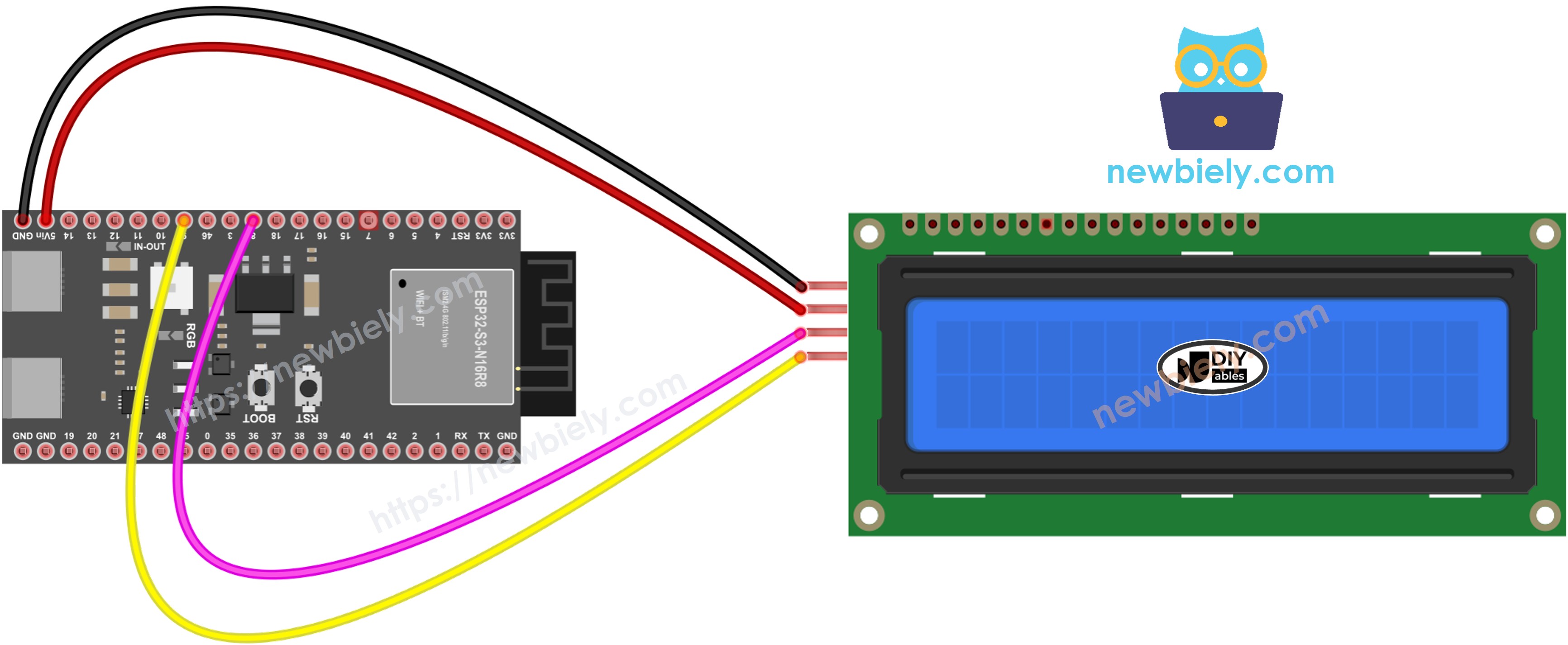 The wiring diagram between ESP32 S3 LCD I2C