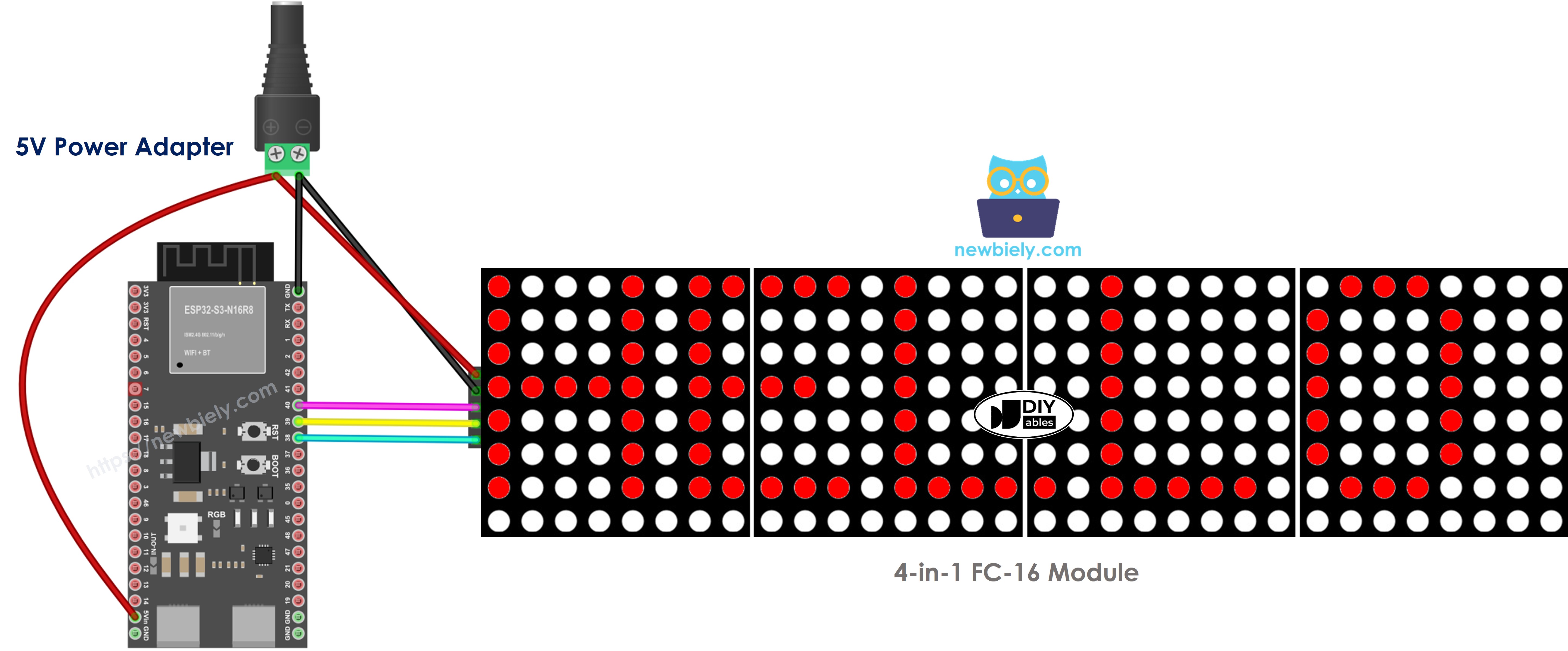 The wiring diagram between ESP32 S3 LED matrix display